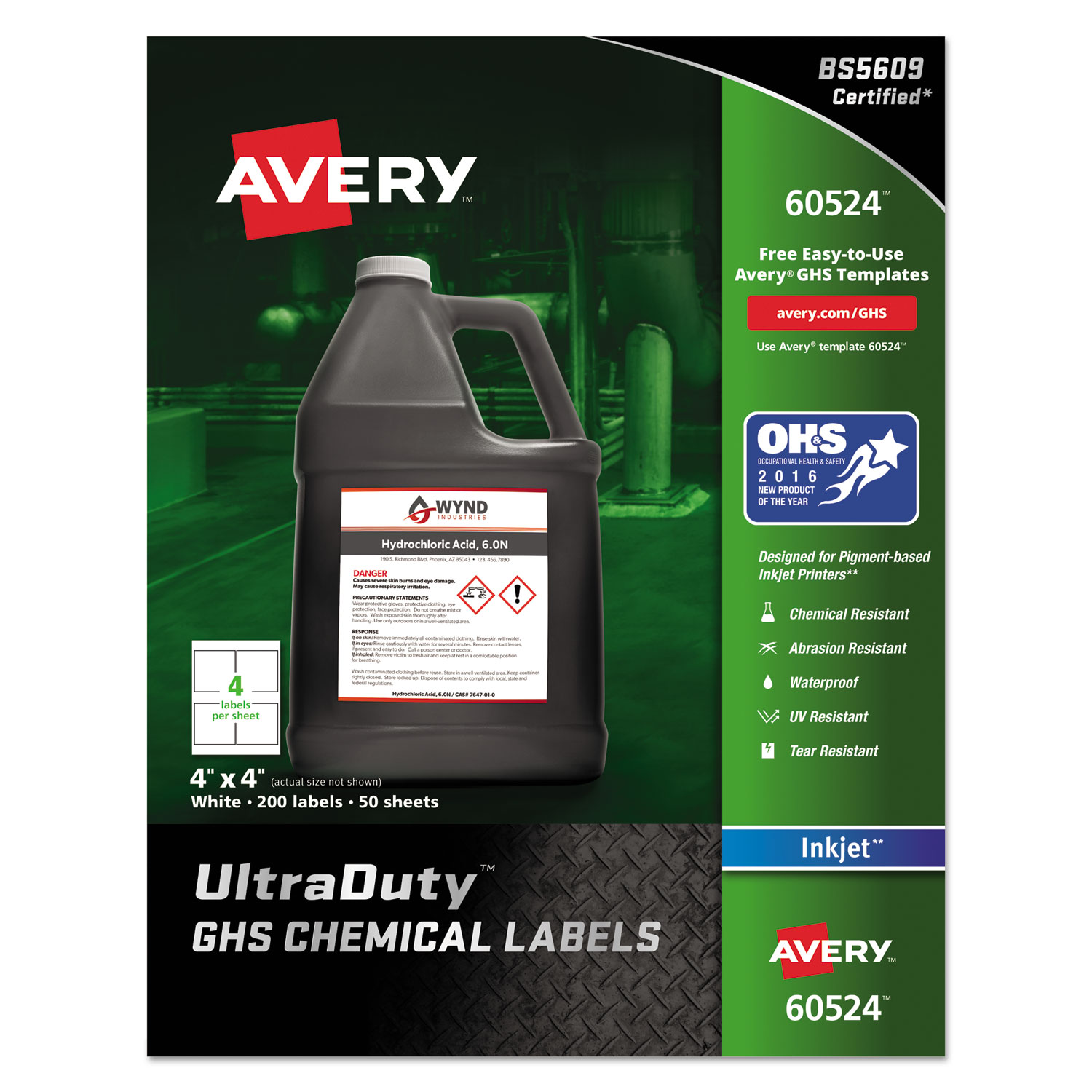  Avery 60524 UltraDuty GHS Chemical Waterproof and UV Resistant Labels, 4 x 4, White, 4/Sheet, 50 Sheets/Pack (AVE60524) 