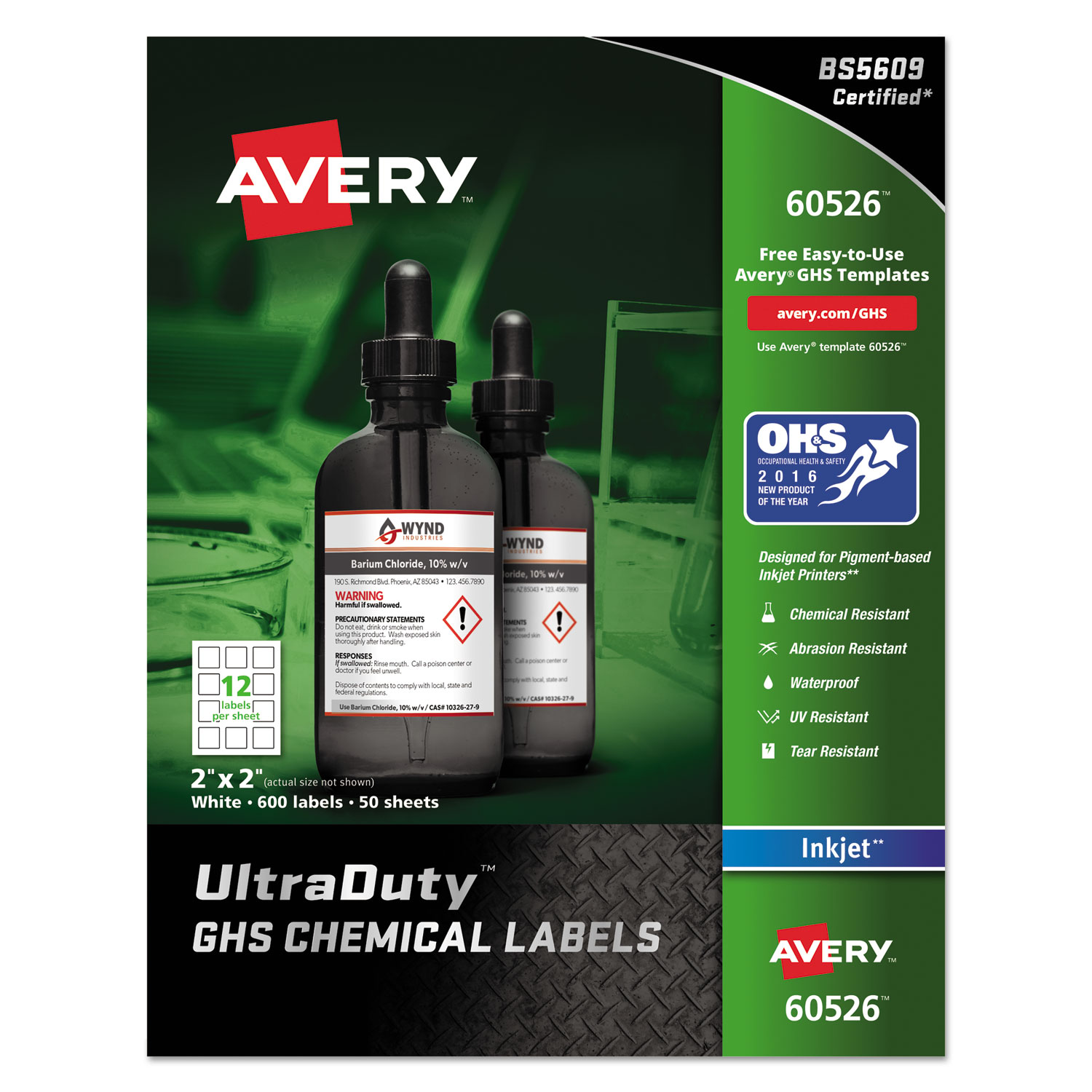  Avery 60526 UltraDuty GHS Chemical Waterproof and UV Resistant Labels, 2 x 2, White, 12/Sheet, 50 Sheets/Pack (AVE60526) 