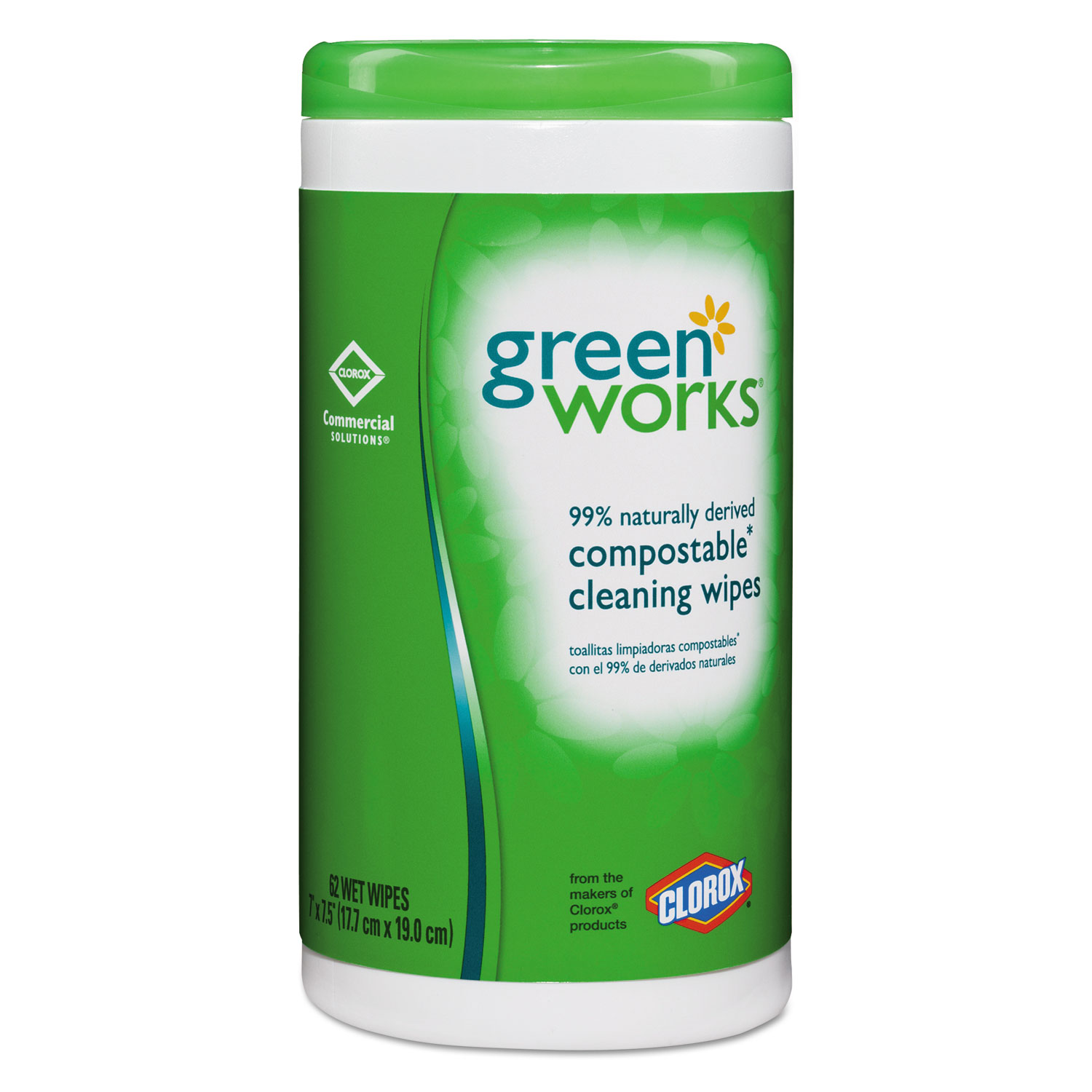  Green Works 10044600303802 Compostable Cleaning Wipes, 7 x 7 1/2, Original Scent, 62/Canister (CLO30380) 