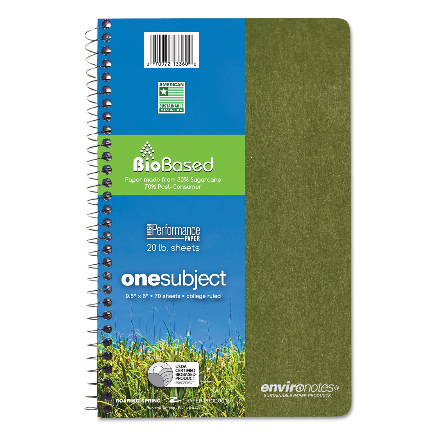  Roaring Spring 13360 Environotes BioBased Notebook, 1 Subject, Medium/College Rule, Assorted Earthtones Covers, 9.5 x 6, 70 Sheets (ROA13360) 