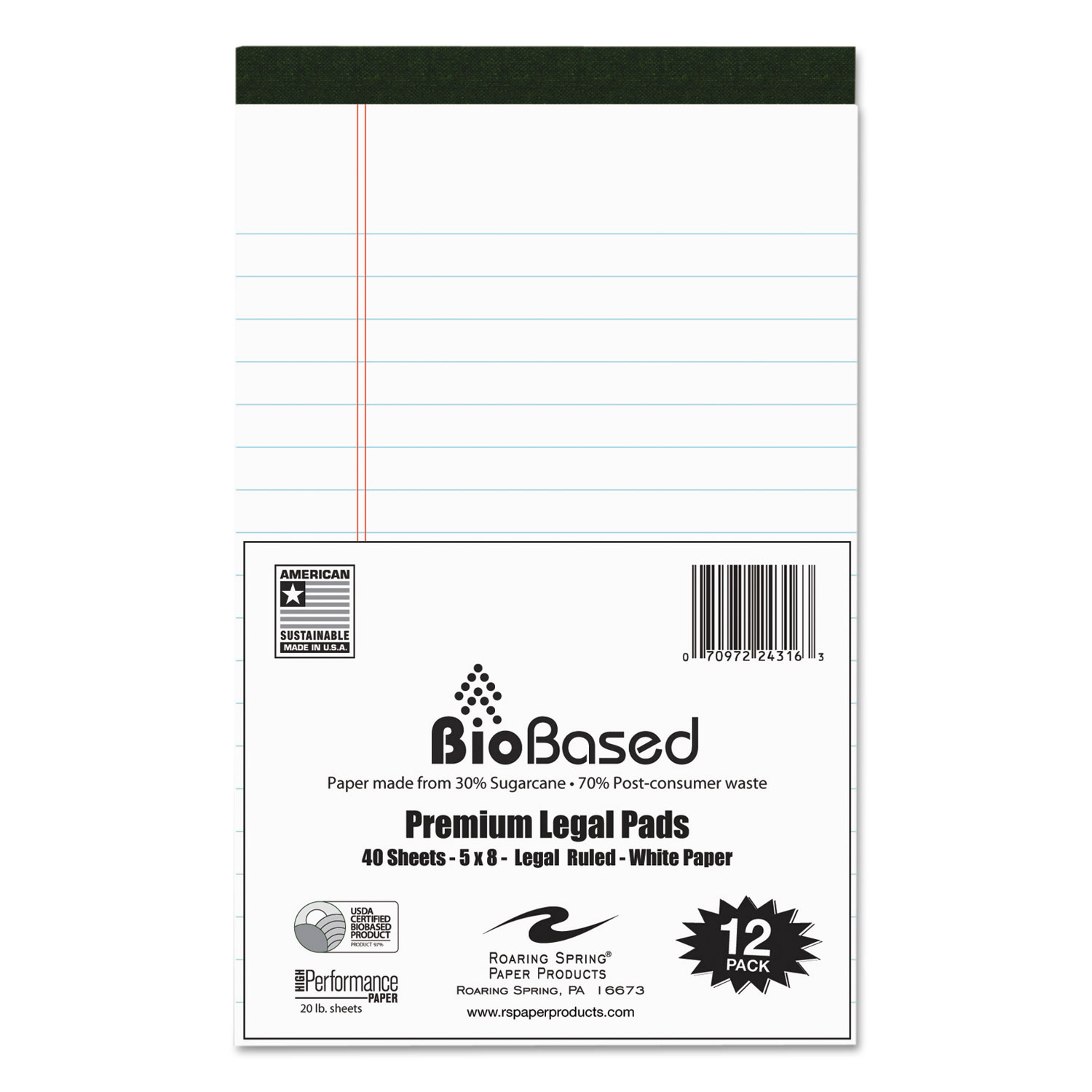  Roaring Spring 24316 USDA Bio-Preferred Legal Pad, Wide/Legal Rule, 5 x 8, White, 40 Sheets, 12/Pack (ROA24316) 