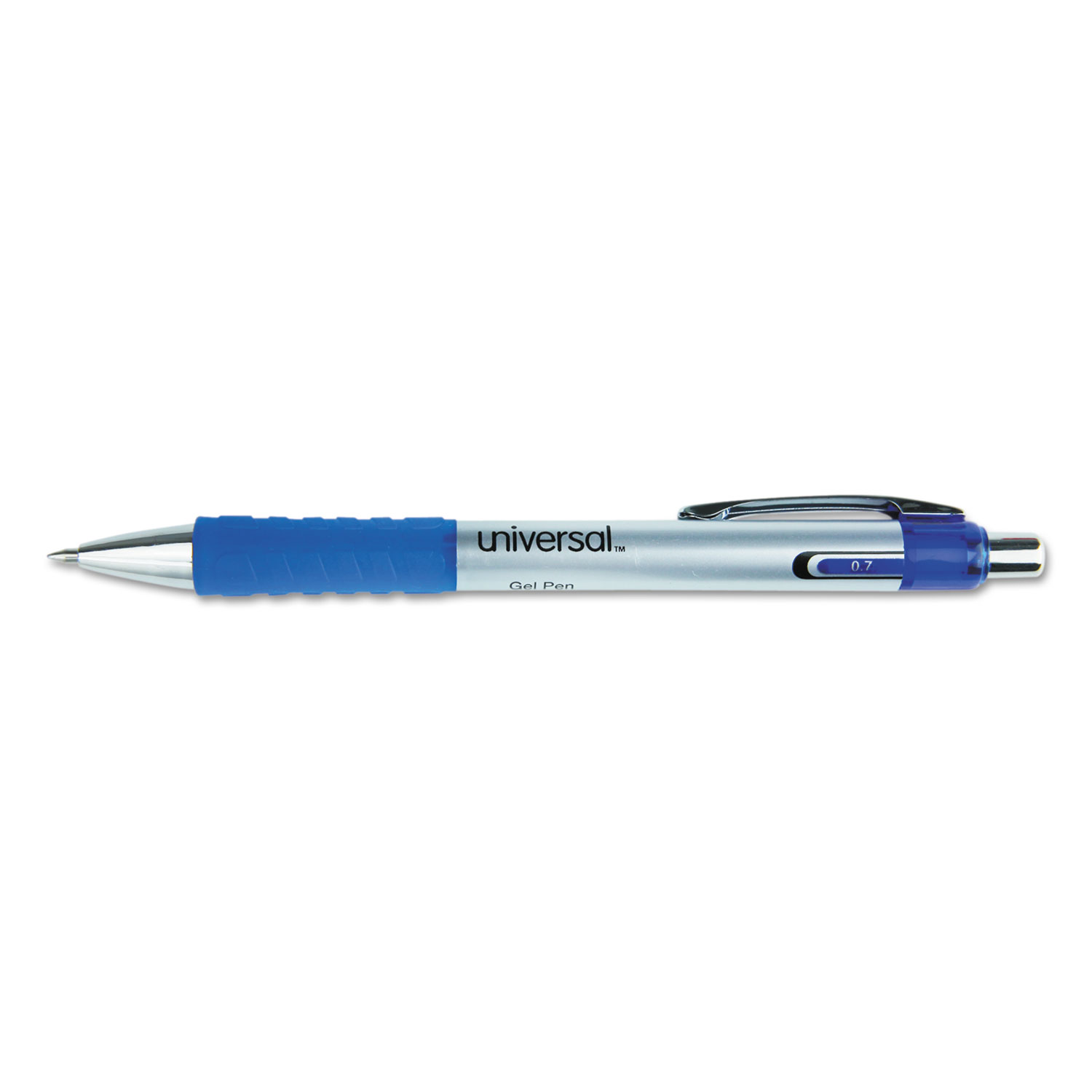  Universal 39721 Comfort Grip Retractable Gel Pen, Medium 0.7mm, Blue Ink, Silver Barrel, Dozen (UNV39721) 