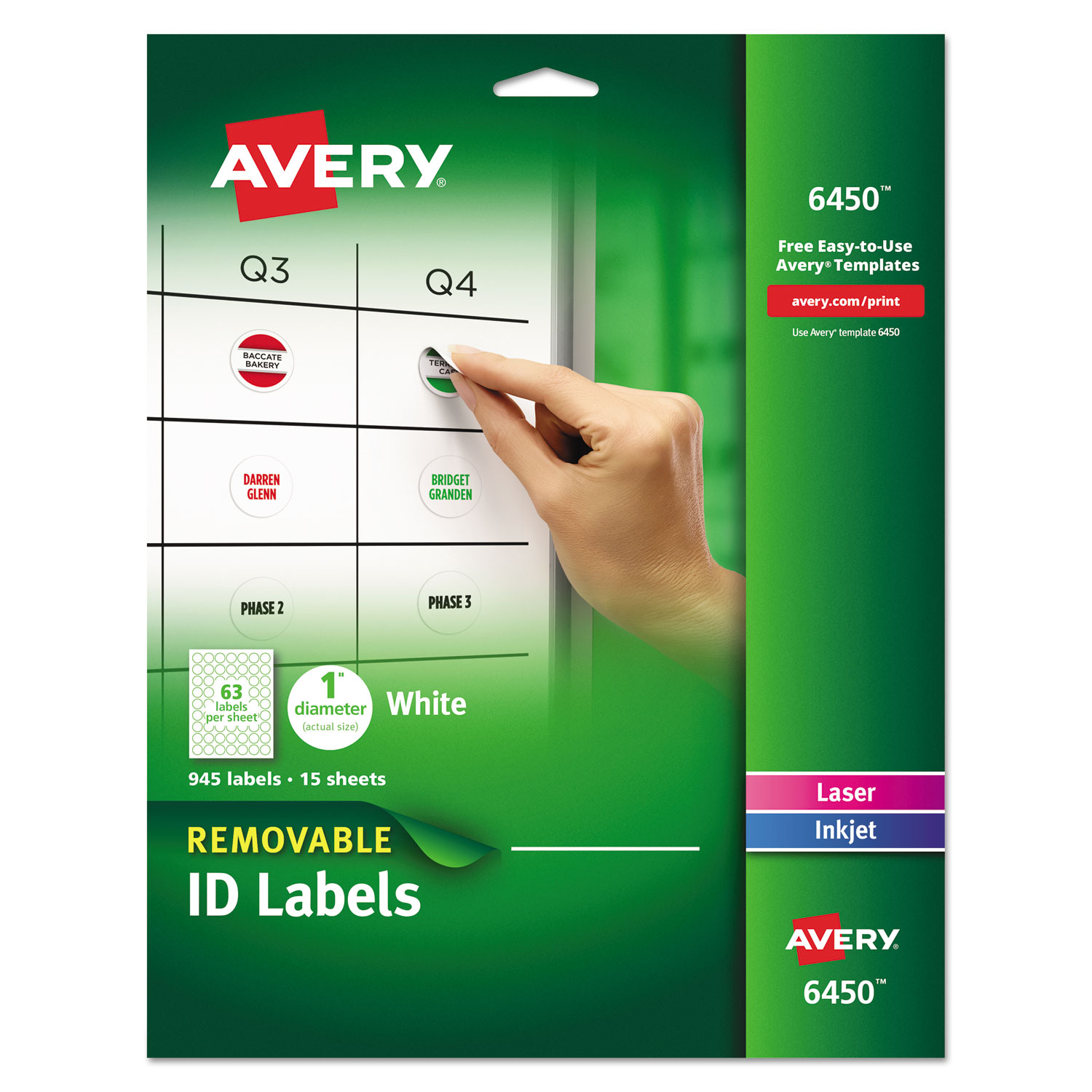  Avery 06450 Removable Multi-Use Labels, Inkjet/Laser Printers, 1 dia., White, 63/Sheet, 15 Sheets/Pack (AVE6450) 