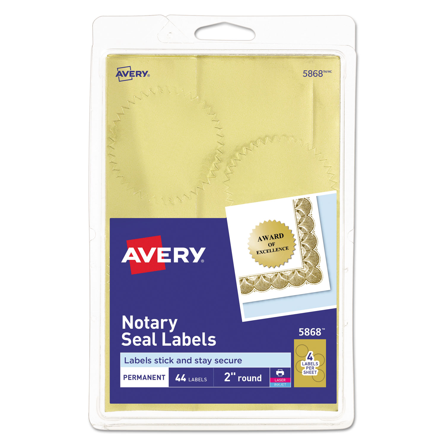  Avery 05868 Printable Gold Foil Seals, 2 dia., Gold, 4/Sheet, 11 Sheets/Pack (AVE05868) 