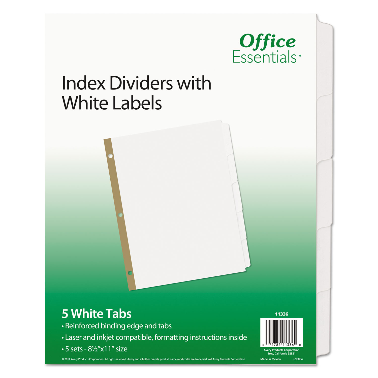  Office Essentials 11336 Index Dividers with White Labels, 5-Tab, 11 x 8.5, White, 5 Sets (AVE11336) 