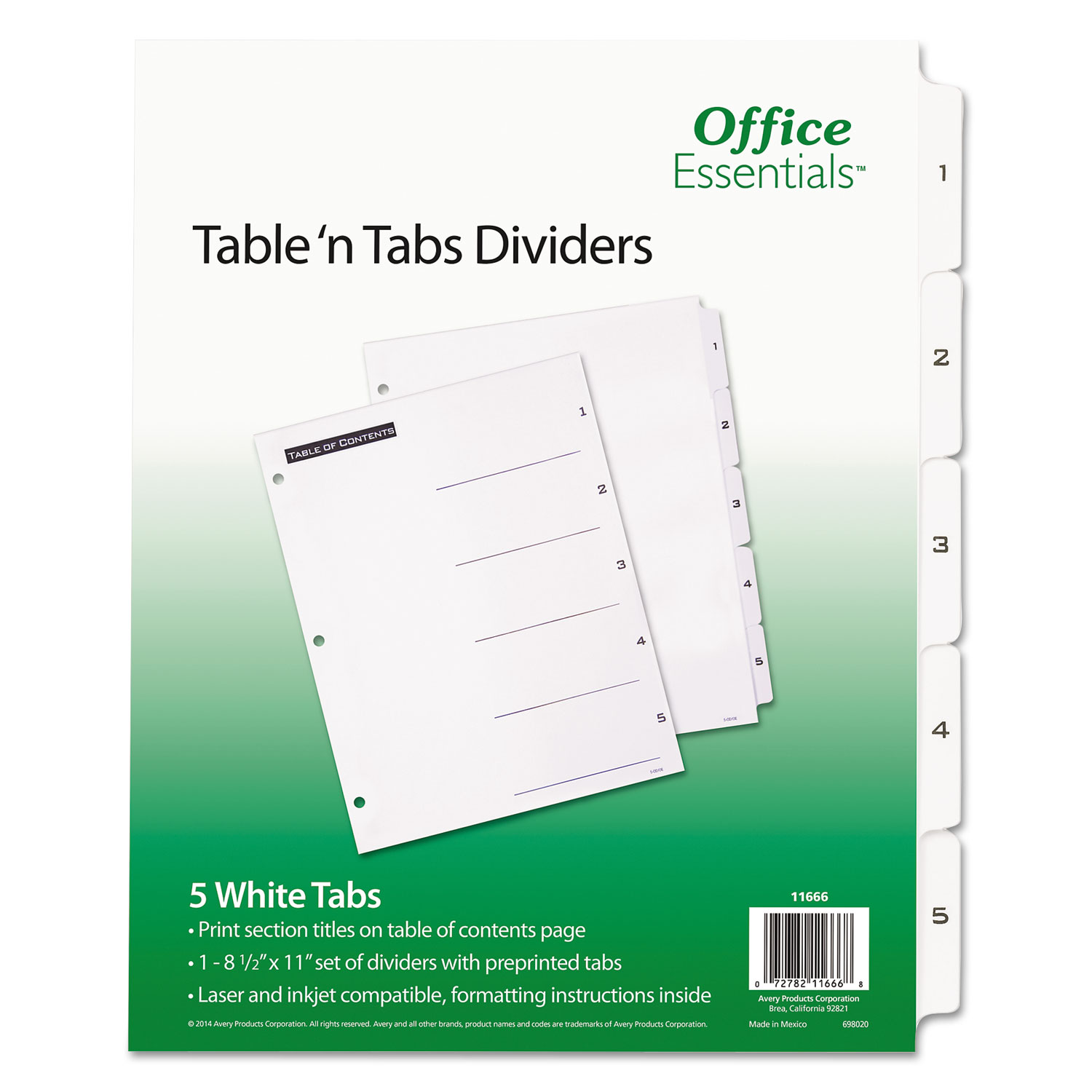  Office Essentials 11666 Table 'n Tabs Dividers, 5-Tab, 1 to 5, 11 x 8.5, White, 1 Set (AVE11666) 