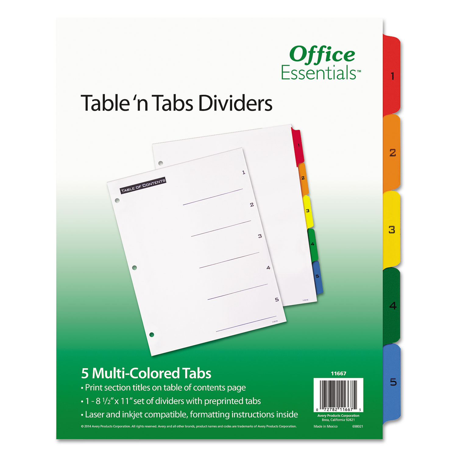  Office Essentials 11667 Table 'n Tabs Dividers, 5-Tab, 1 to 5, 11 x 8.5, White, 1 Set (AVE11667) 
