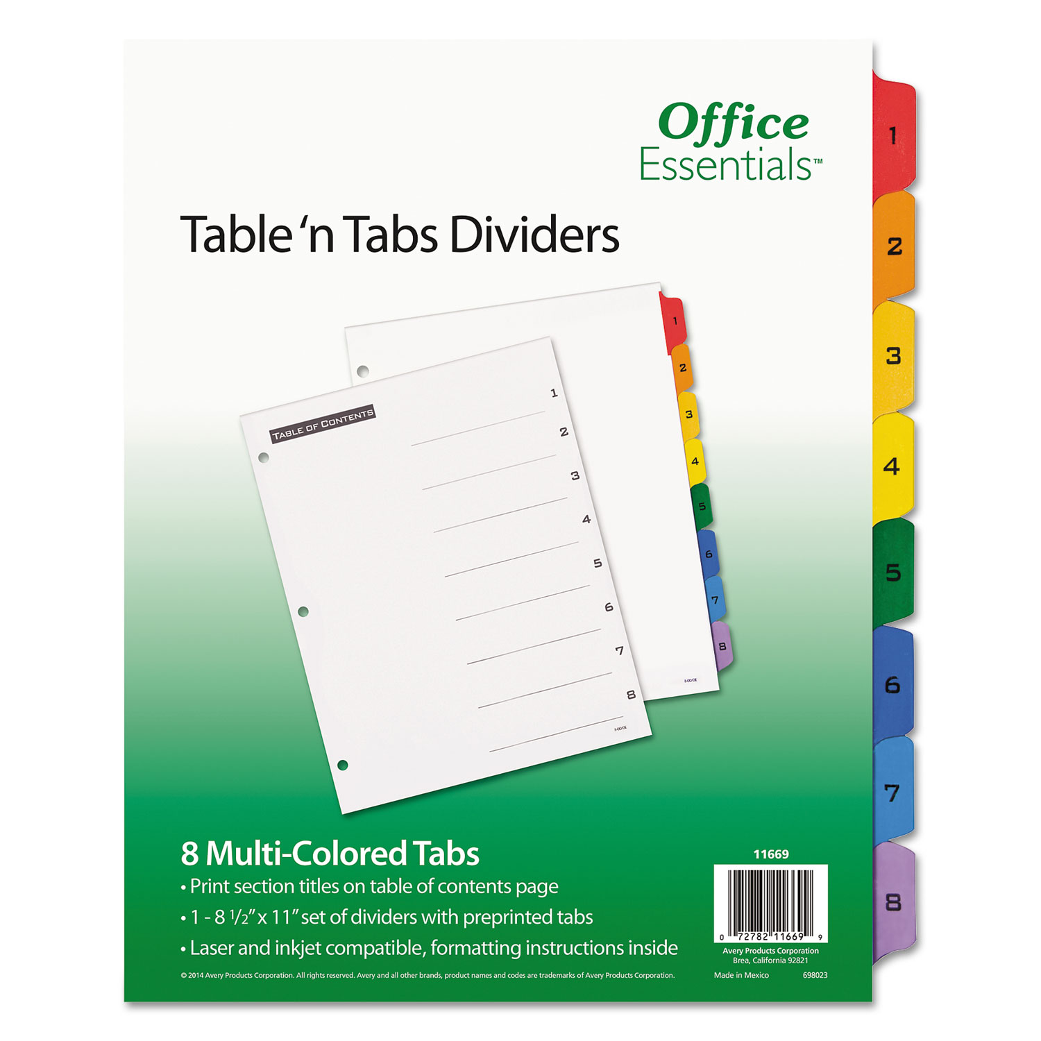  Office Essentials 11669 Table 'n Tabs Dividers, 8-Tab, 1 to 8, 11 x 8.5, White, 1 Set (AVE11669) 