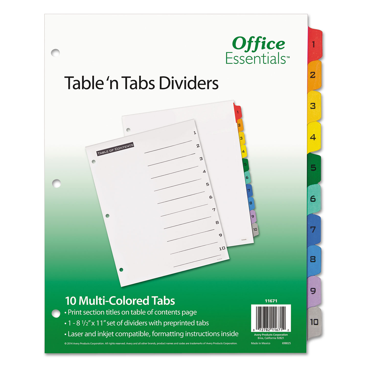 Table 'n Tabs Dividers, 10-Tab, 1 to 10, 11 x 8.5, White, 1 Set