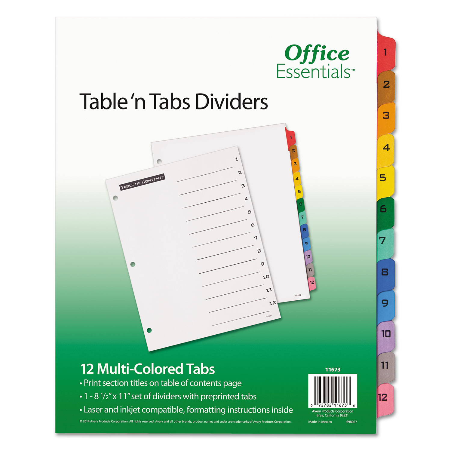  Office Essentials 11673 Table 'n Tabs Dividers, 12-Tab, 1 to 12, 11 x 8.5, White, 1 Set (AVE11673) 