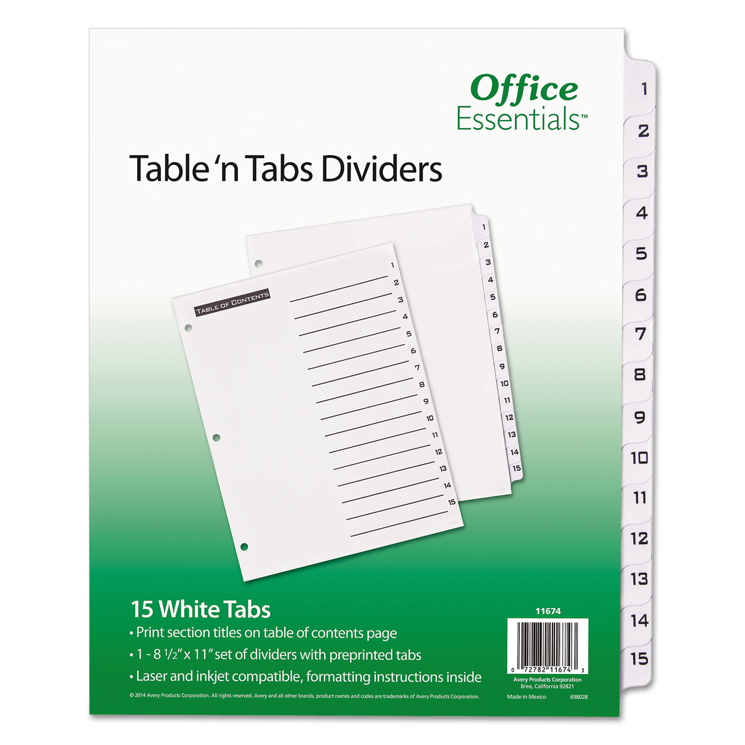 Table &lsquo;n Tabs Dividers, 15-Tab, 1 to 15, 11 x 8.5, White, White 