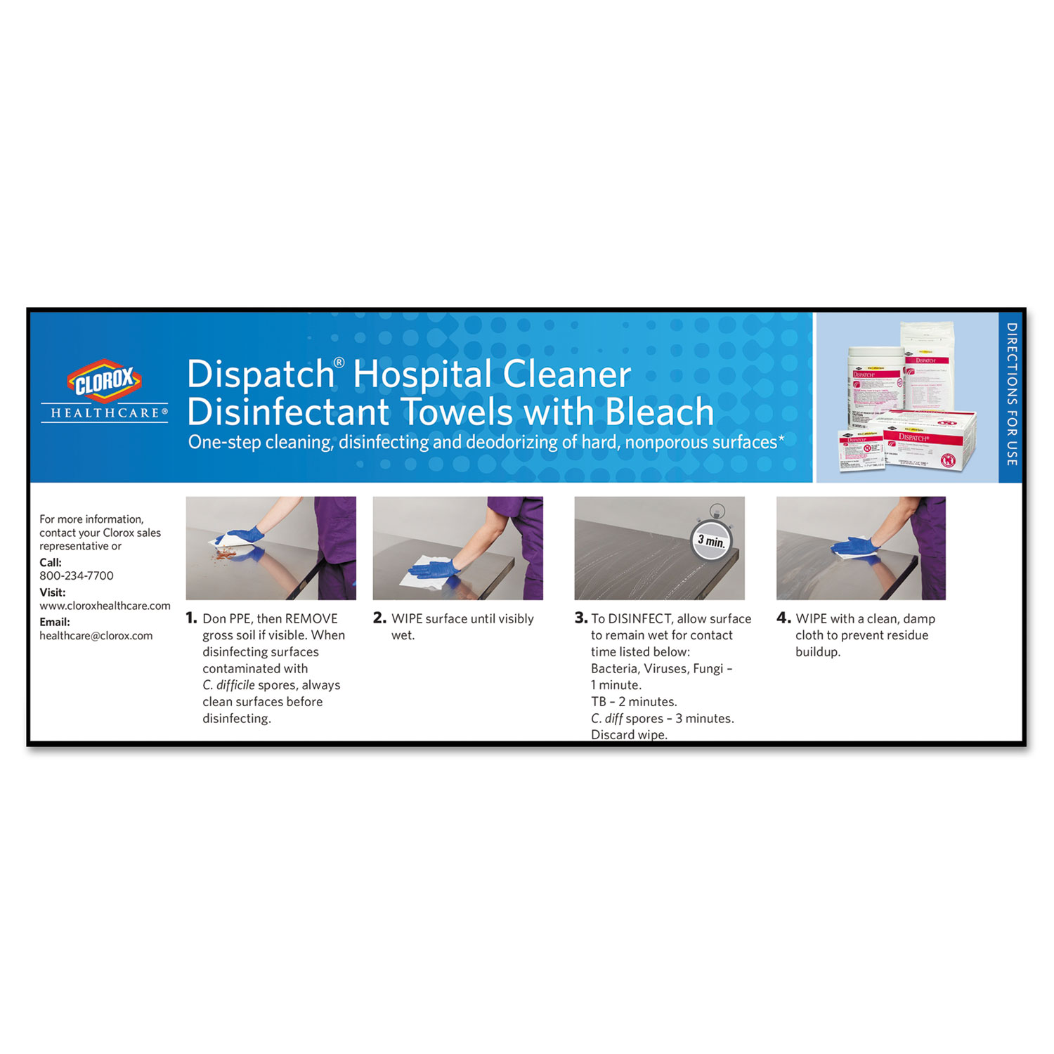 Dispatch Cleaner Disinfectant Towels with Bleach, 9 x 10, 60/Pack, 12 Pks/Carton