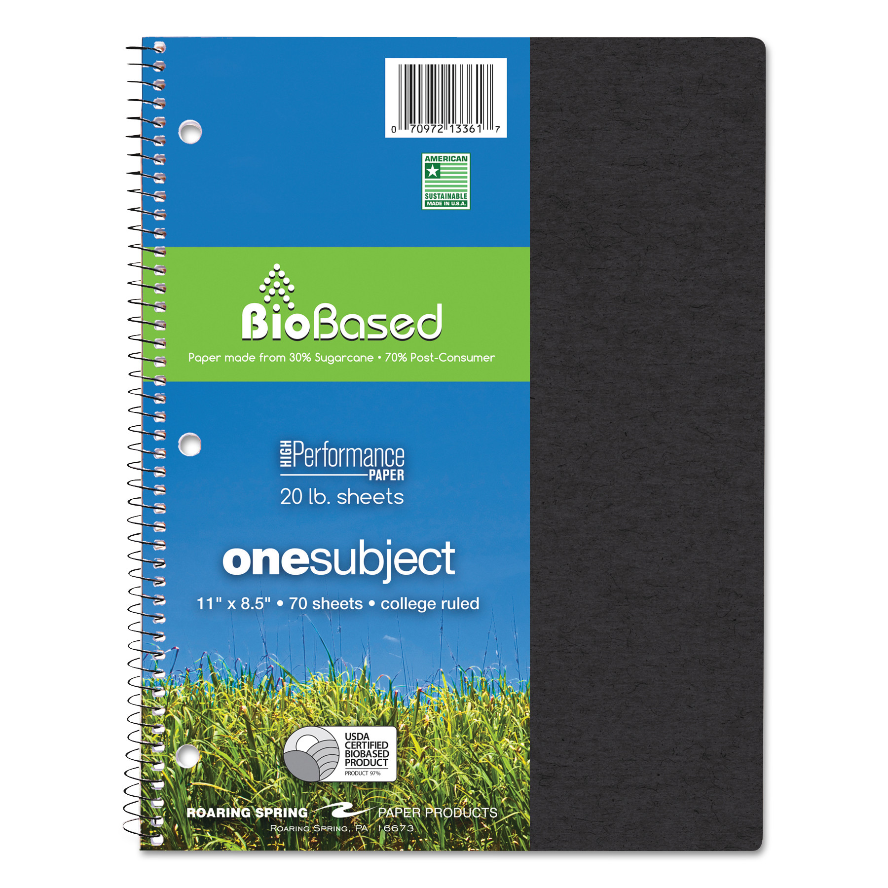  Roaring Spring 13361 Environotes BioBased Notebook, 1 Subject, Medium/College Rule, Assorted Earthtones Covers, 11 x 8.5, 70 Sheets (ROA13361) 