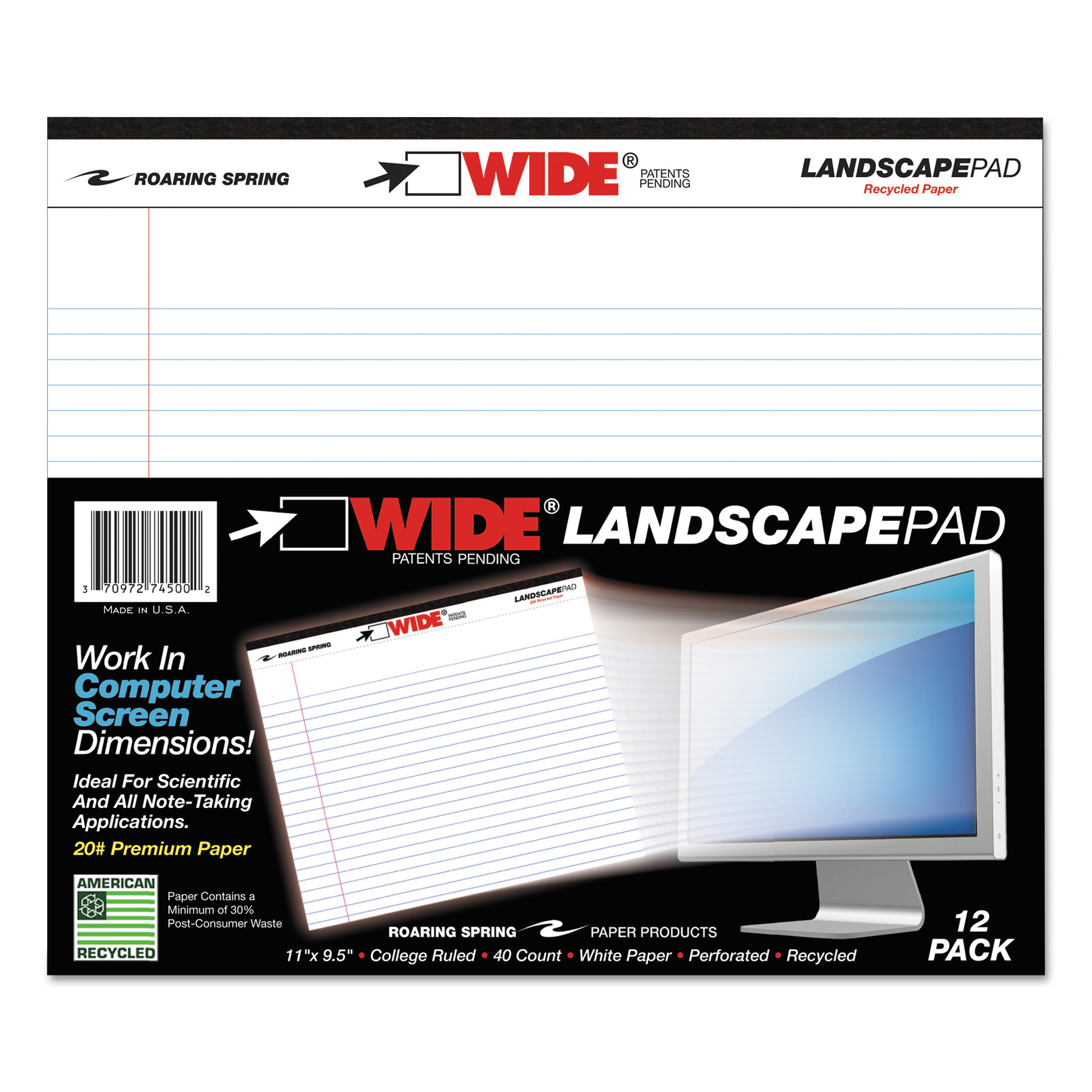  Roaring Spring 74500 WIDE Landscape Format Writing Pad, Medium/College Rule, 11 x 9.5, White, 40 Sheets (ROA74500) 