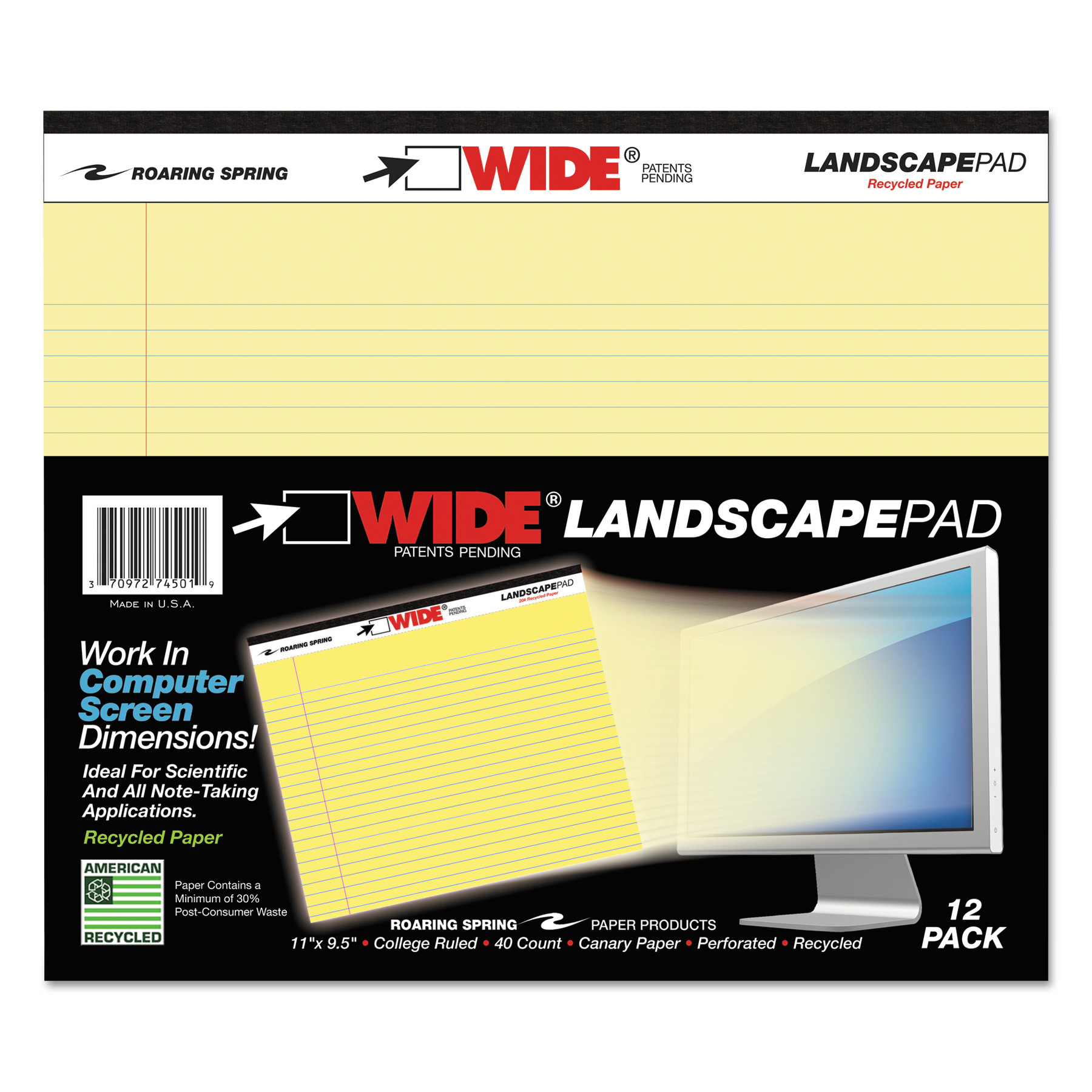  Roaring Spring 74501 WIDE Landscape Format Writing Pad, Medium/College Rule, 11 x 9.5, Canary, 40 Sheets (ROA74501) 