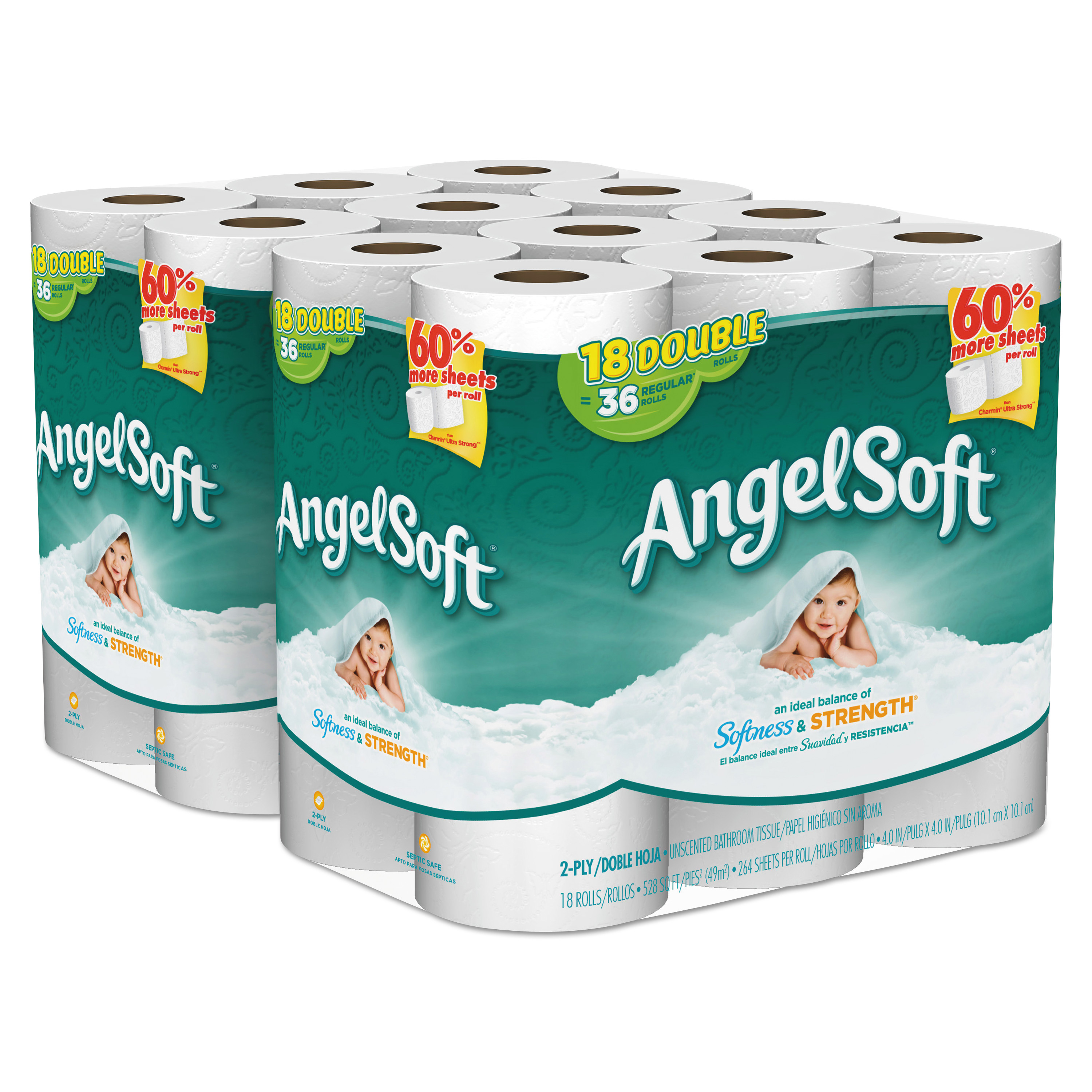  Angel Soft 77917/02 Double-Roll Bathroom Tissue, Septic Safe, 2-Ply, White, 264 Sheets/Roll, 18/Pack, 2 Packs/Carton (GPC7791702) 