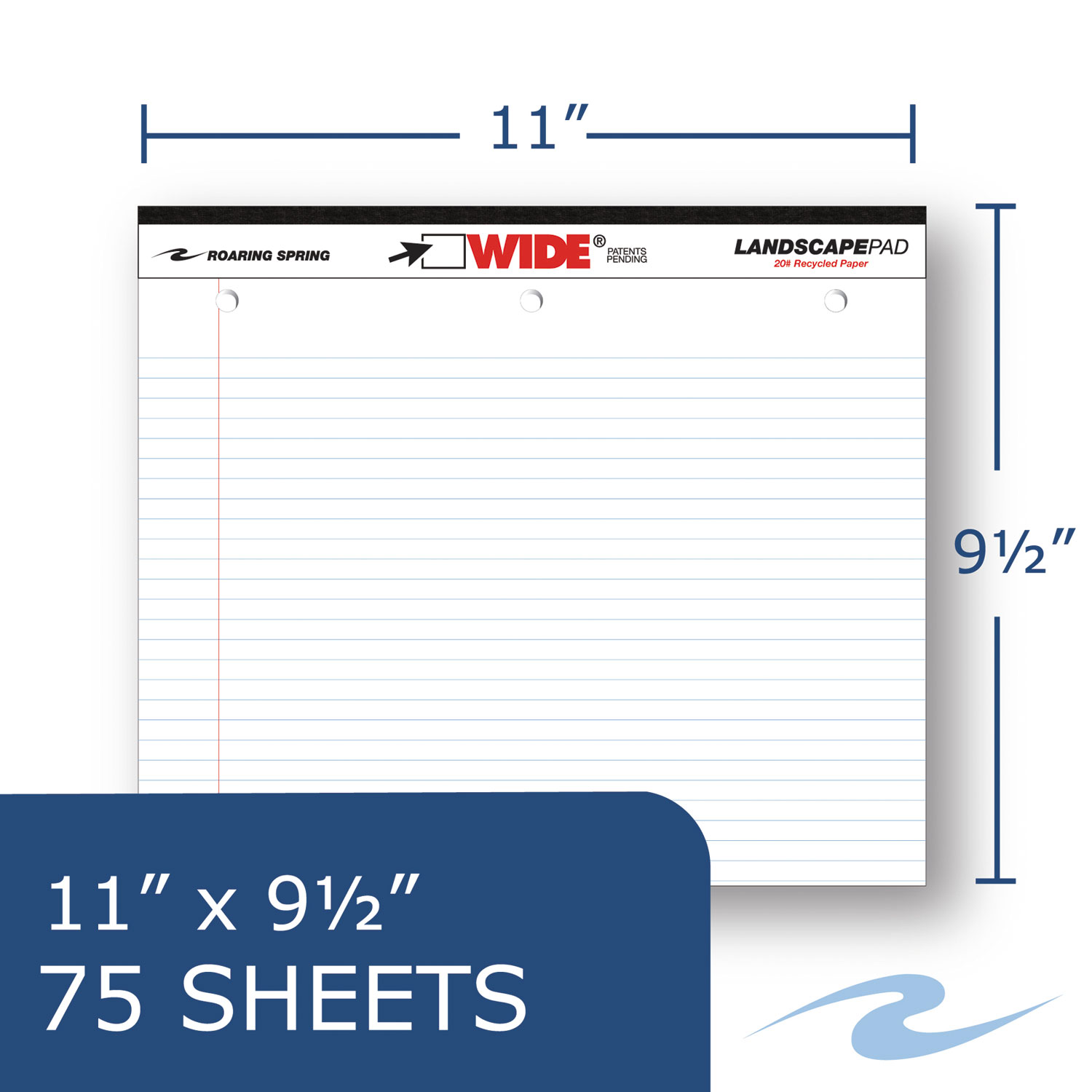 WIDE Landscape Format Writing Pad, College Ruled, 11 x 9 1/2, White, 75 Sheets