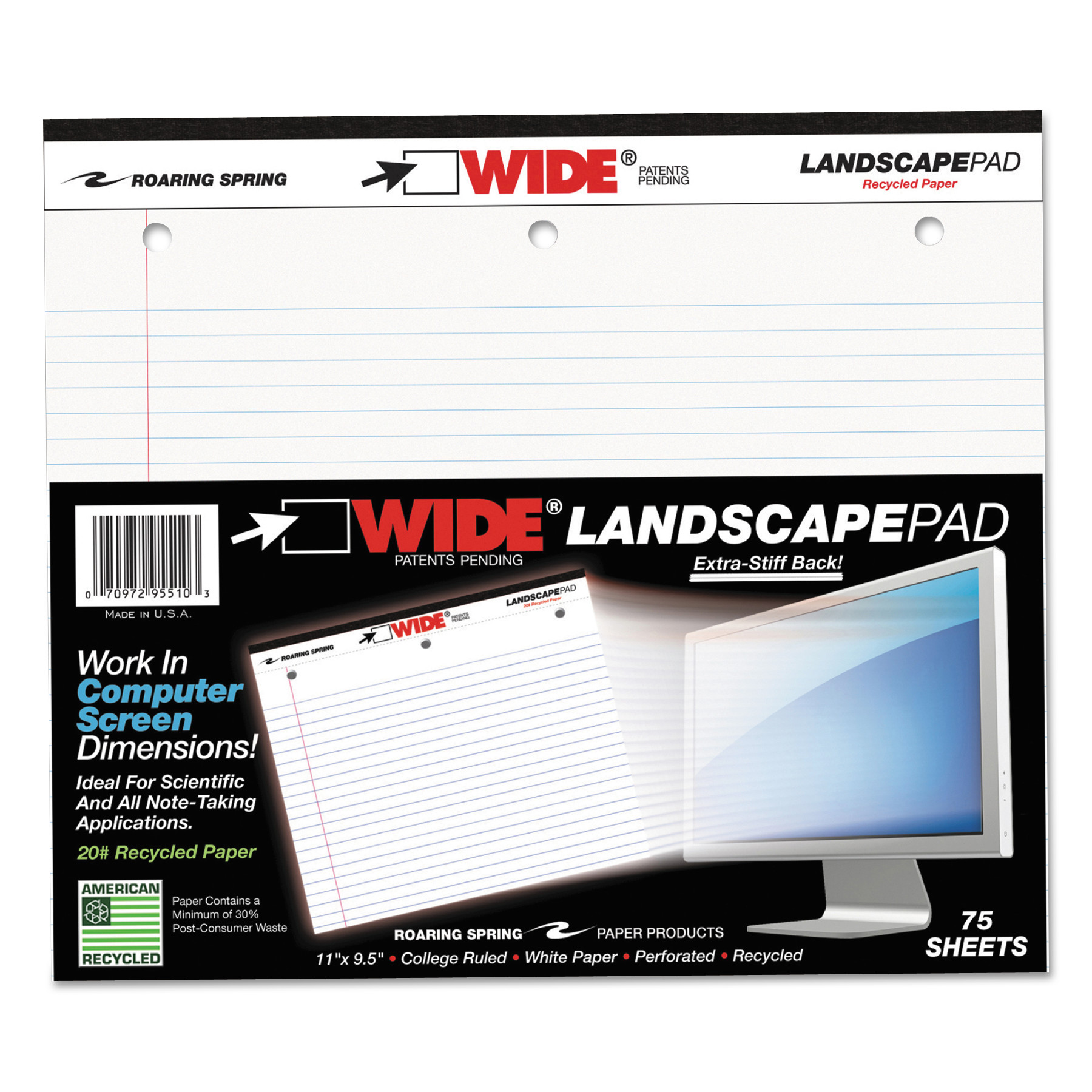  Roaring Spring 95510 WIDE Landscape Format Writing Pad, Medium/College Rule, 11 x 9.5, White, 75 Sheets (ROA95510) 
