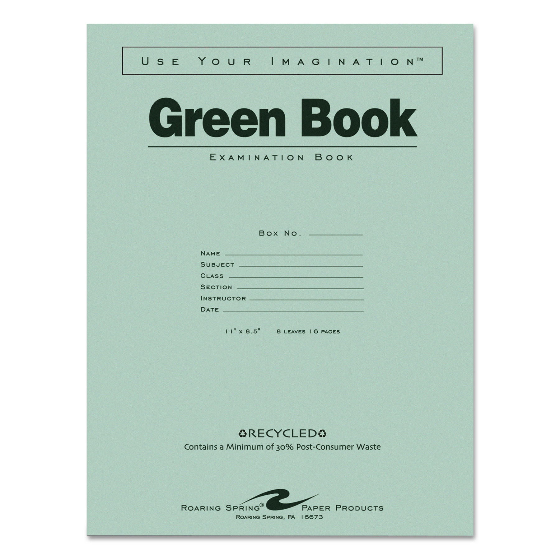  Roaring Spring 77509 Green Books Exam Book, Wide/Legal Rule, 11 x 8.5, White, 8 Sheets (ROA77509) 