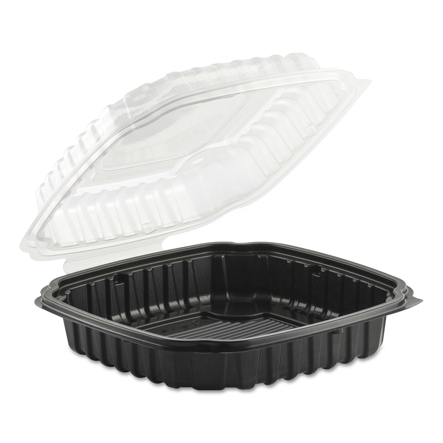 Culinary Basics Microwavable Container, 46.5 oz, 10.5 x 9.5 x 2.5, Clear/Black, Plastic, 100/Carton Culinary Basics Microwavable Container, 46.5 oz, 10.5 x 9.5 x 2.5, Clear/Black, Plastic, 100/Carton