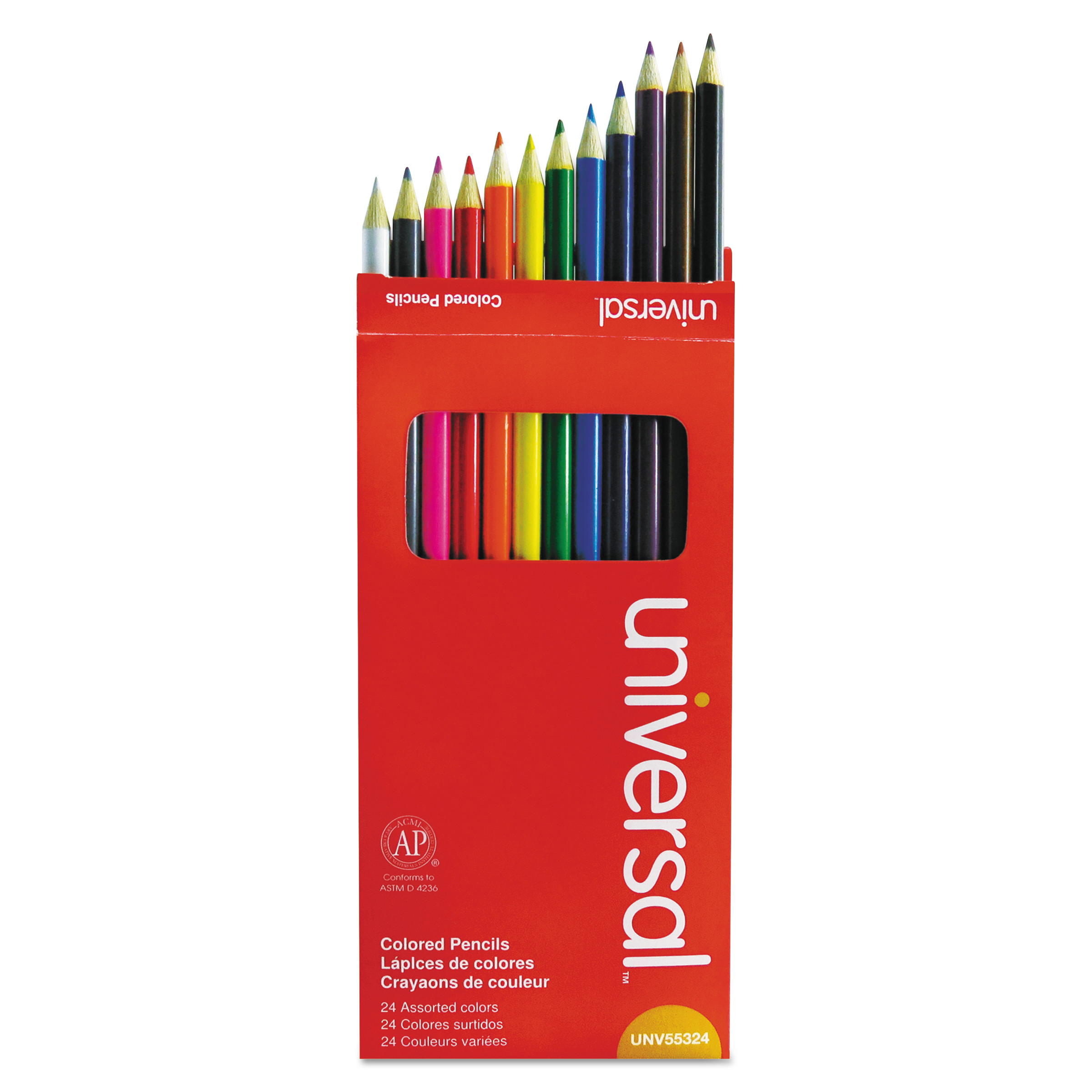  Universal UNV55324 Woodcase Colored Pencils, 3 mm, Assorted Lead/Barrel Colors, 24/Pack (UNV55324) 