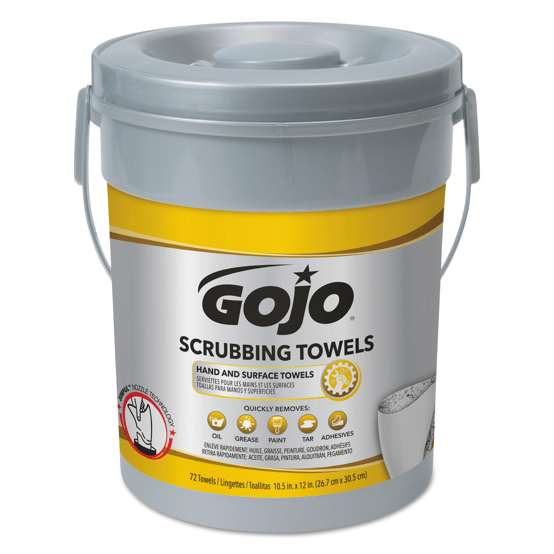  GOJO 6396-06 Scrubbing Towels, Hand Cleaning, Silver/Yellow, 10 1/2 x 12, 72/Bucket (GOJ639606EA) 