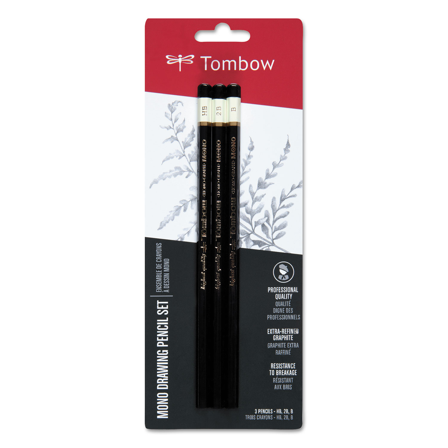 Drawing Pencil Set, 2B/B/HB, 2 mm, Black Lead, 3/Set