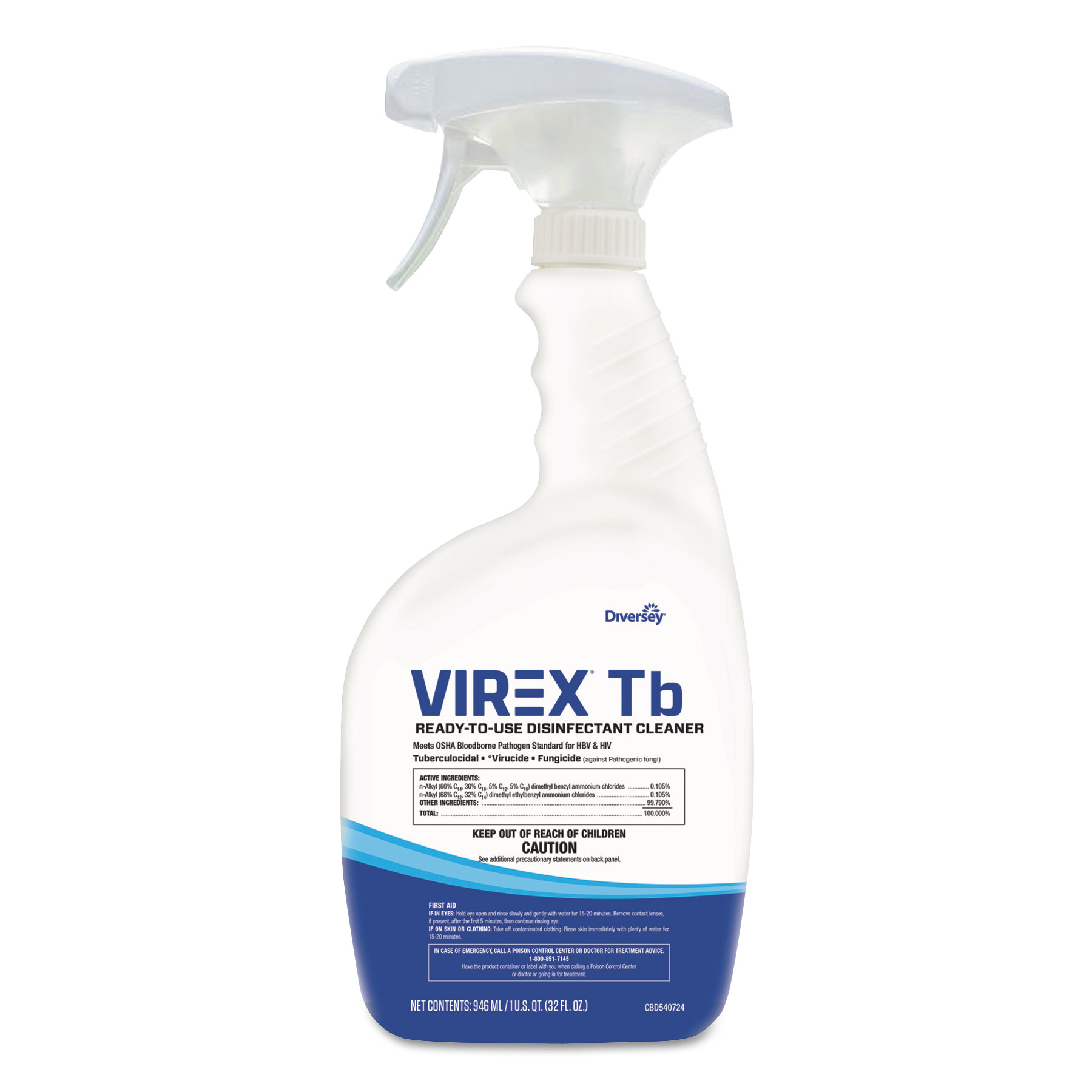Virex TB Disinfectant Cleaner, Lemon Scent, 32 oz Spray Bottle, 8/Carton