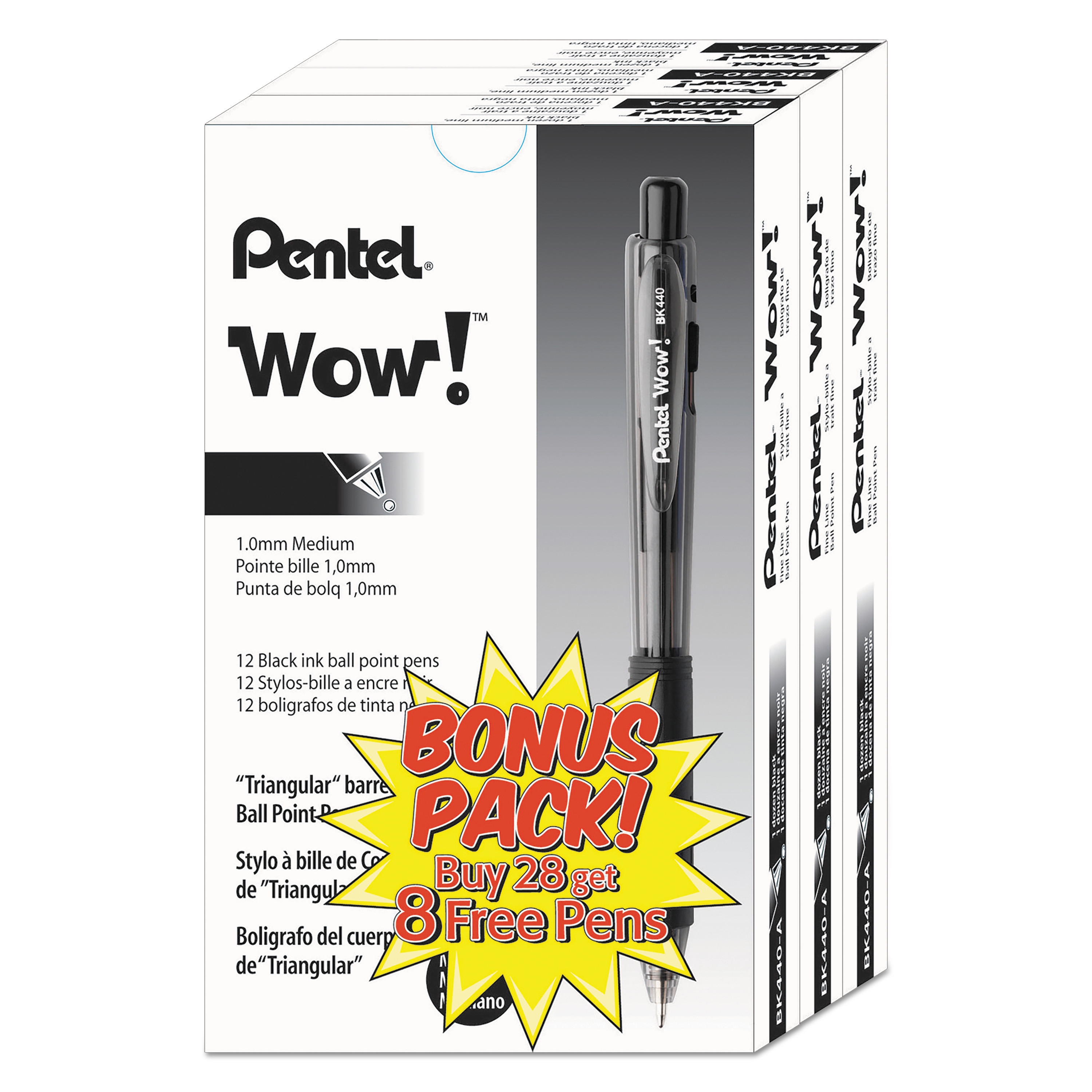  Pentel BK440ASW-US WOW! Retractable Ballpoint Pen Value Pack, Medium 1 mm, Black Ink/Barrel, 36/Pack (PENBK440ASWUS) 