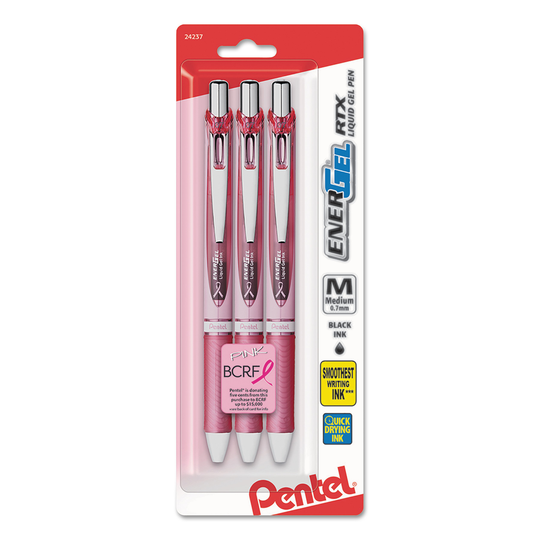 EnerGel RTX Retractable Liquid Gel Pen, .7mm, Pink Barrel, Black Ink. 3/Pack