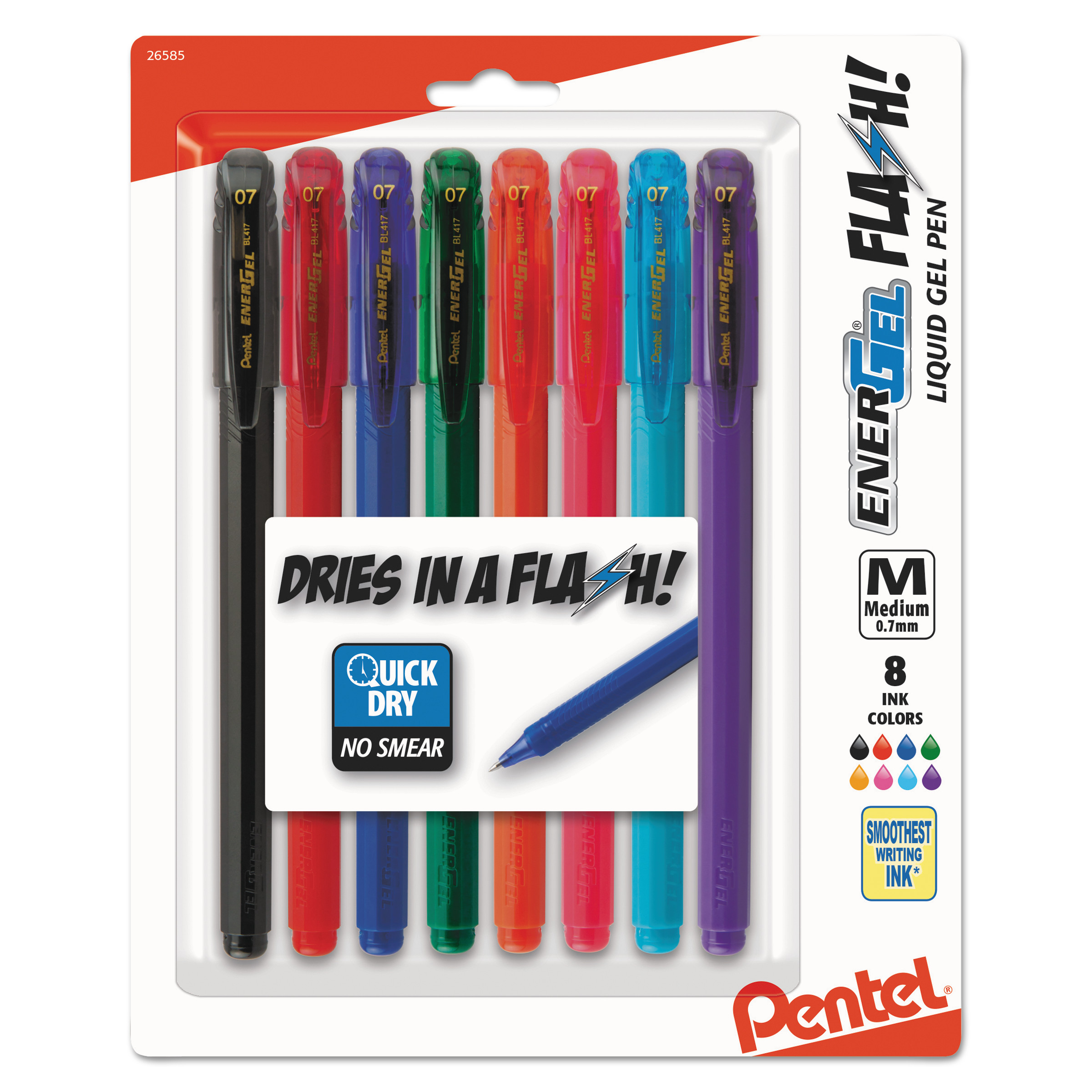 EnerGel Flash Liquid Gel Stick Pen, Assorted Ink, Metal, 8/Pack