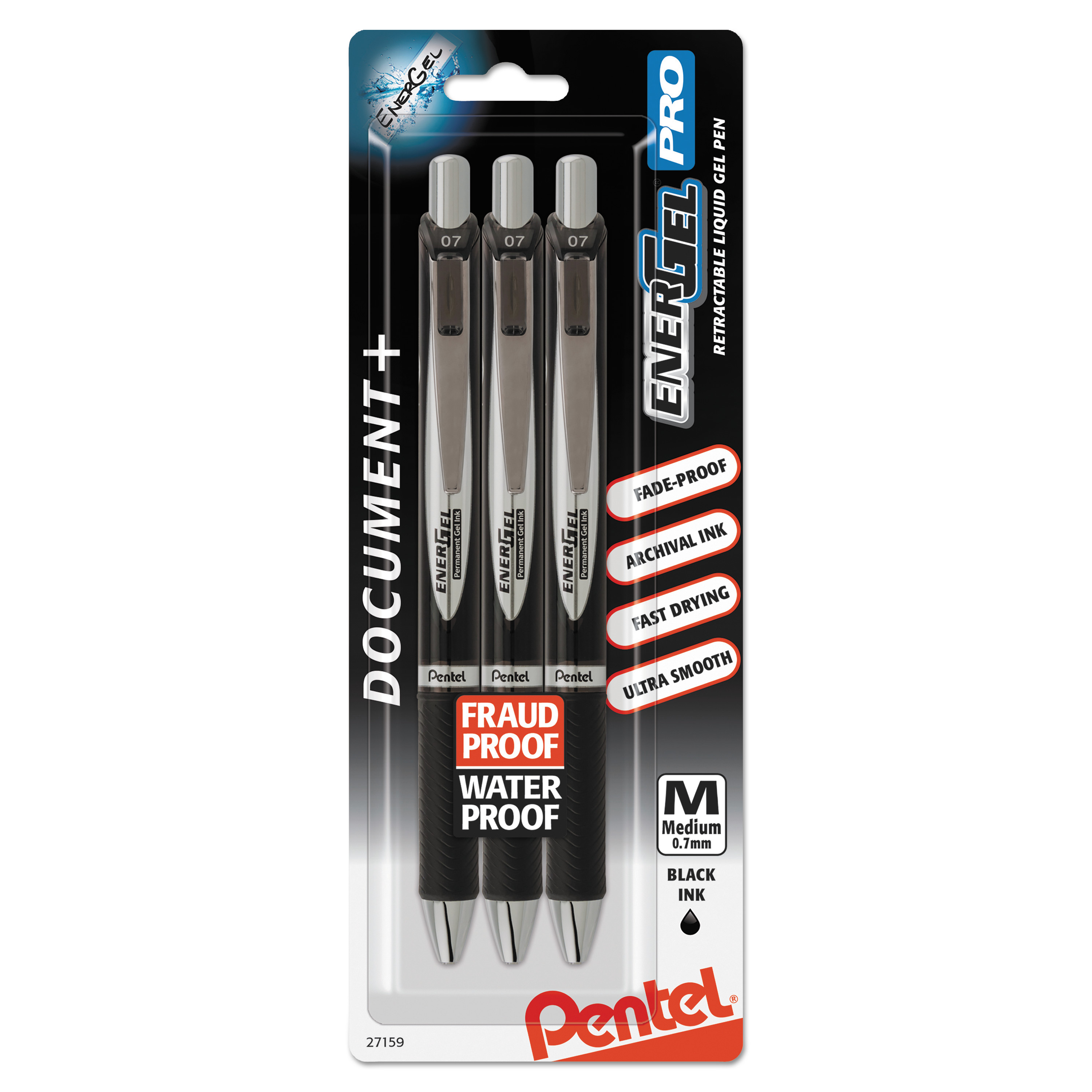 EnerGel PRO Pigment Gel Pen, 0.7 mm, Black Barrel/Ink, 3/PK