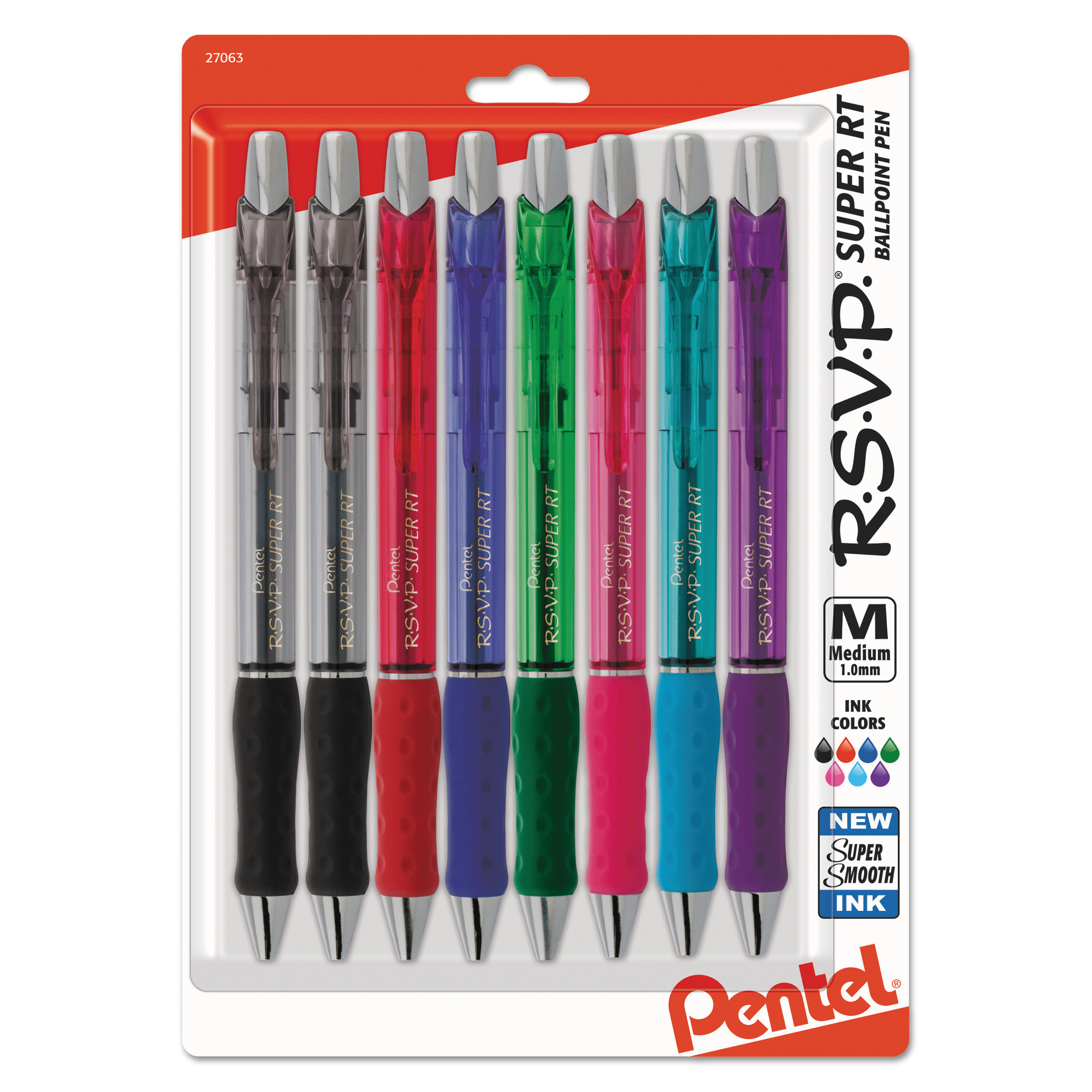 R.S.V.P. Super RT Retractable Ballpoint Pen, 1 mm, Assorted Barrel/Ink, 8 Pack