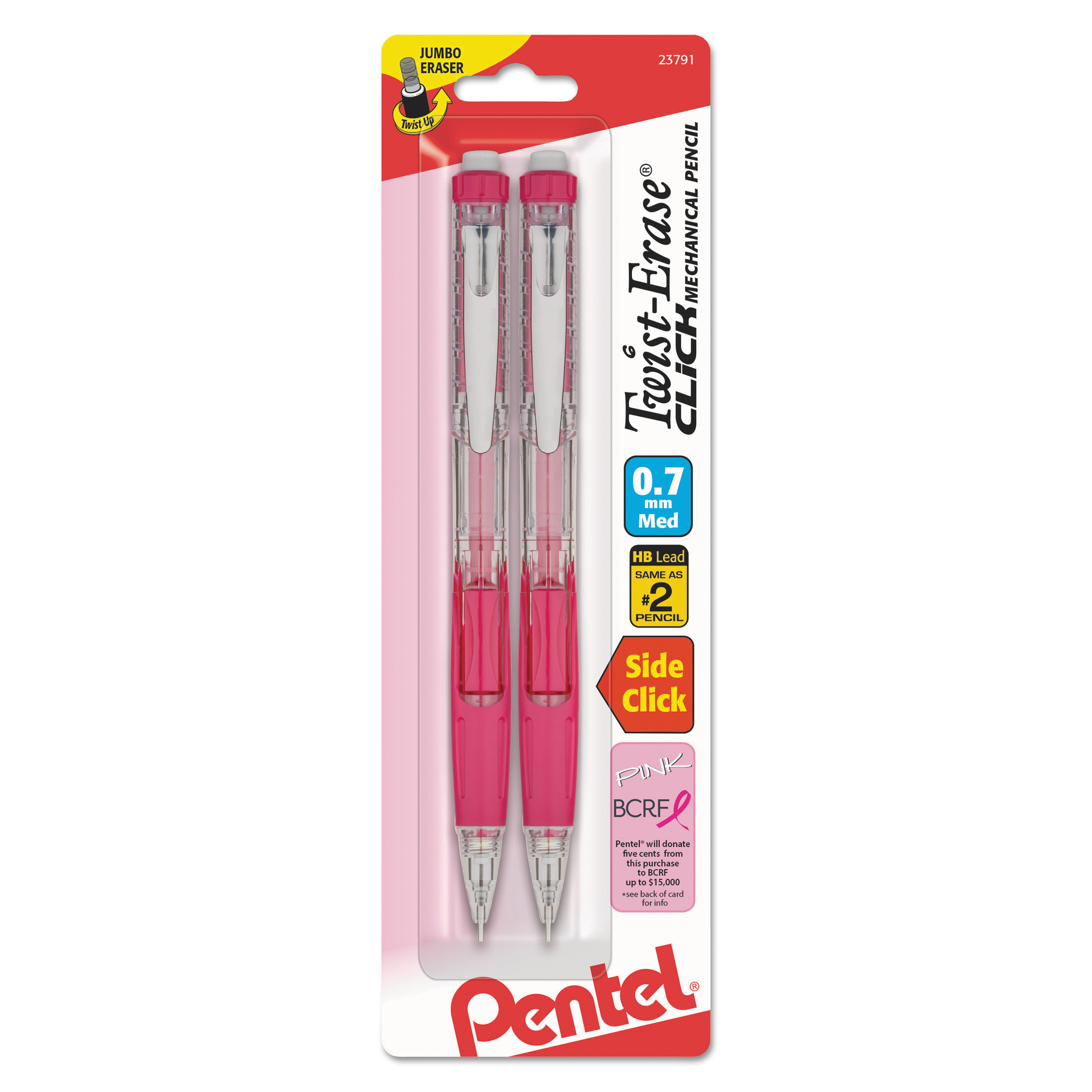  Pentel PD277TBP2C-BC Twist-Erase CLICK Mechanical Pencil, 0.7 mm, HB (#2.5), Black Lead, Pink Barrel, 2/Pack (PENPD277TBP2PBC) 