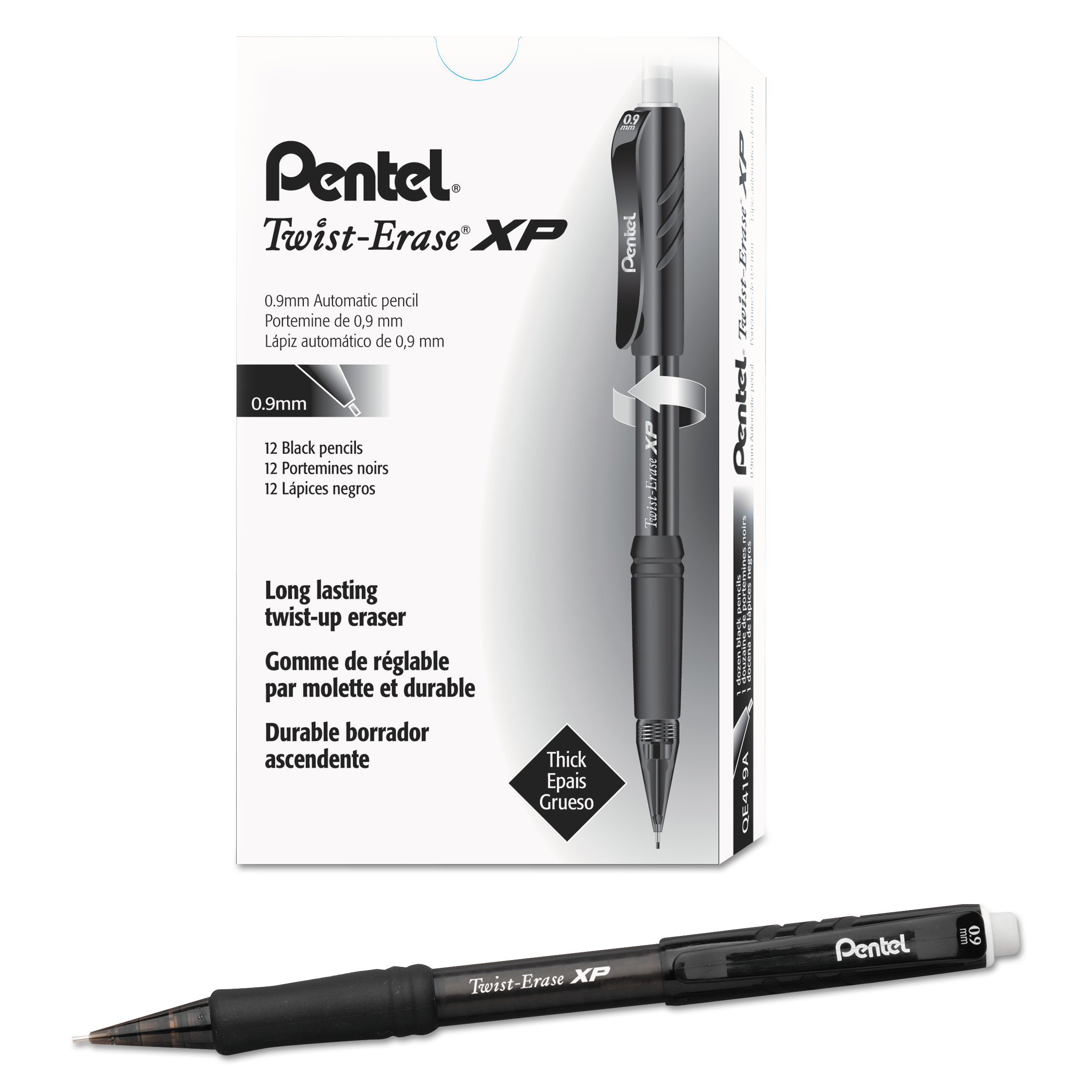  Pentel QE419A Twist-Erase EXPRESS Mechanical Pencil, 0.9 mm, HB (#2.5), Black Lead, Black Barrel, Dozen (PENQE419A) 
