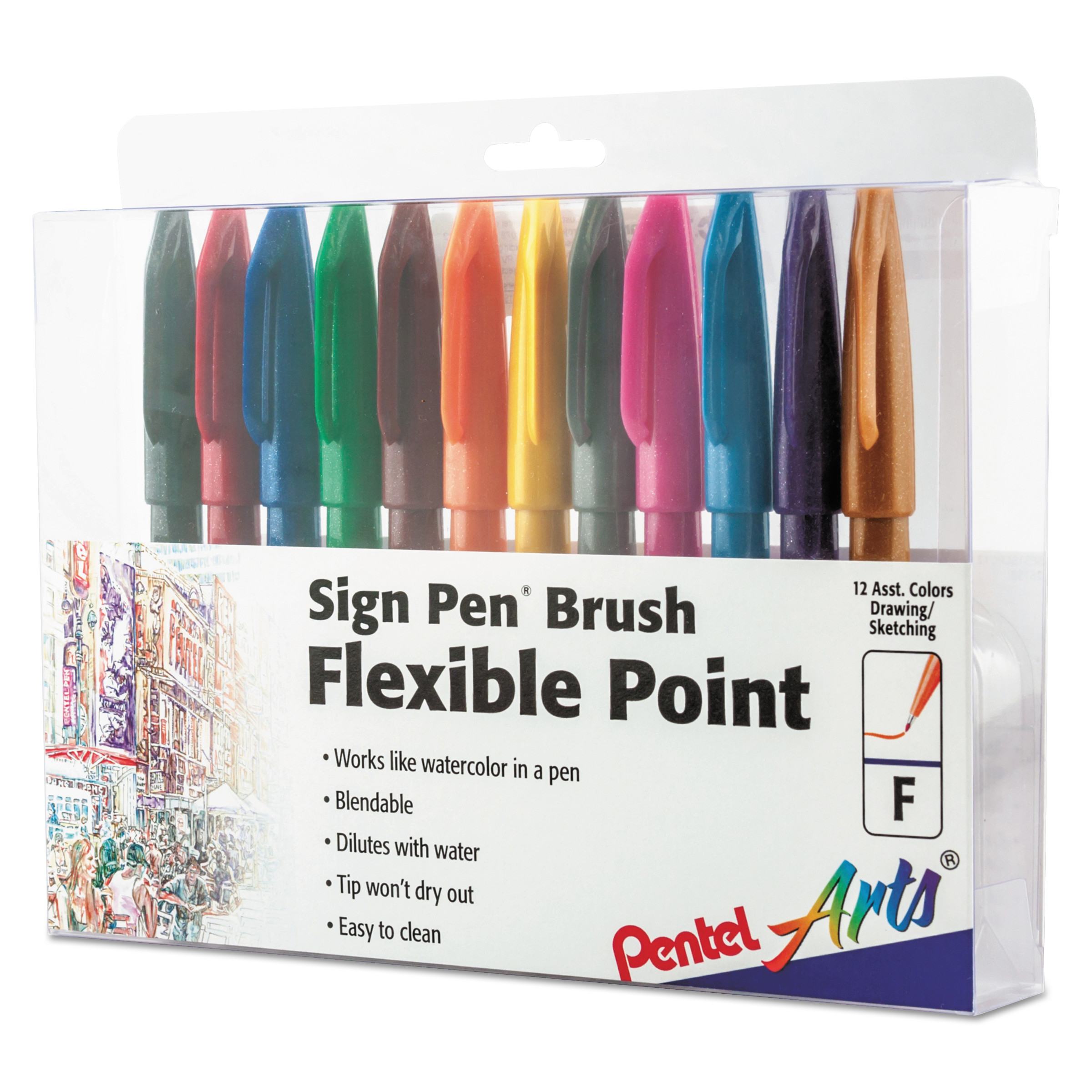 Sign Pen Brush Flexible Point Marker Pen, Assorted, 12/Pack