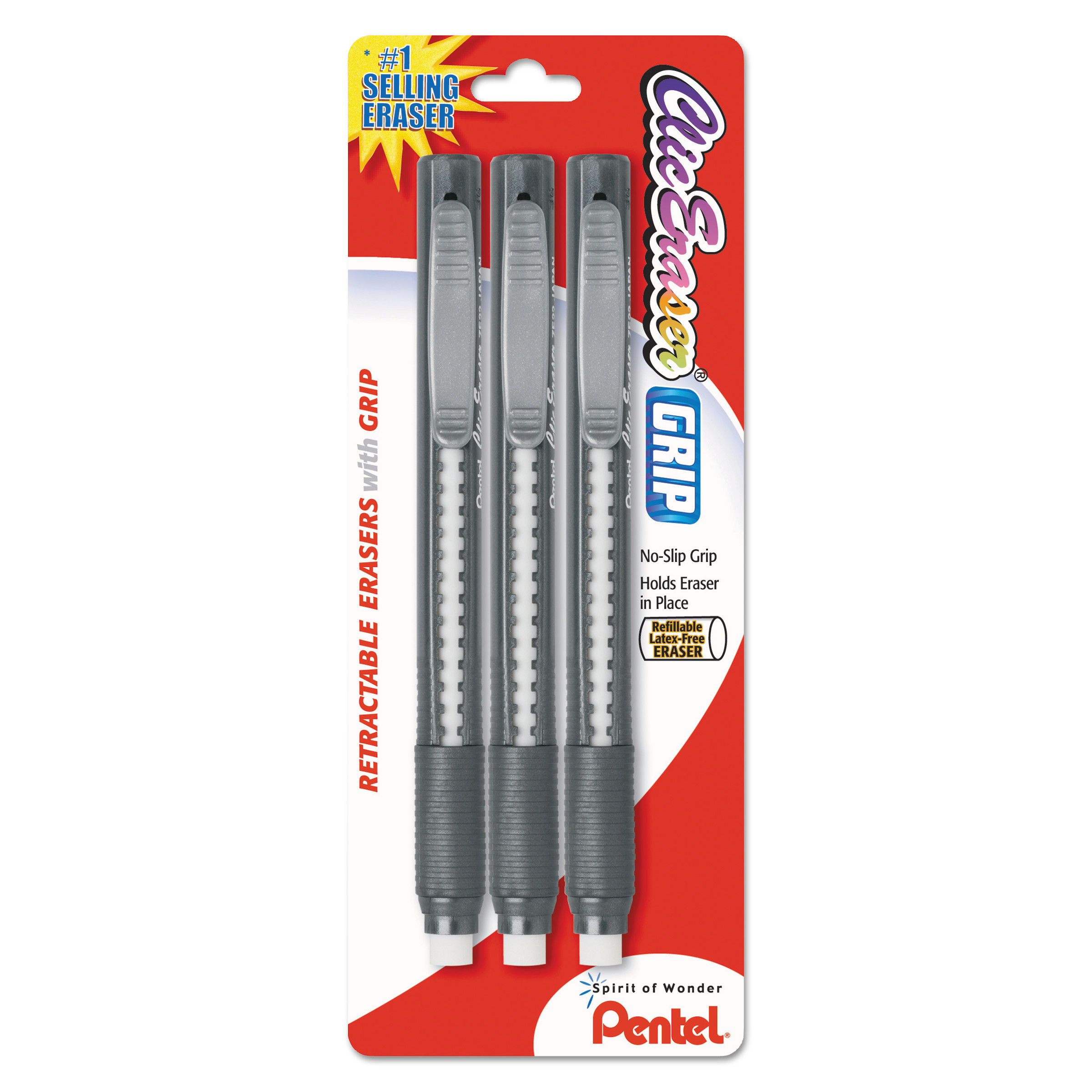  Pentel ZE21BP3K6 Clic Eraser Grip Eraser, White Polyvinyl Chloride Eraser, Randomly Assorted Barrel Colors, 3/Pack (PENZE21BP3K6) 