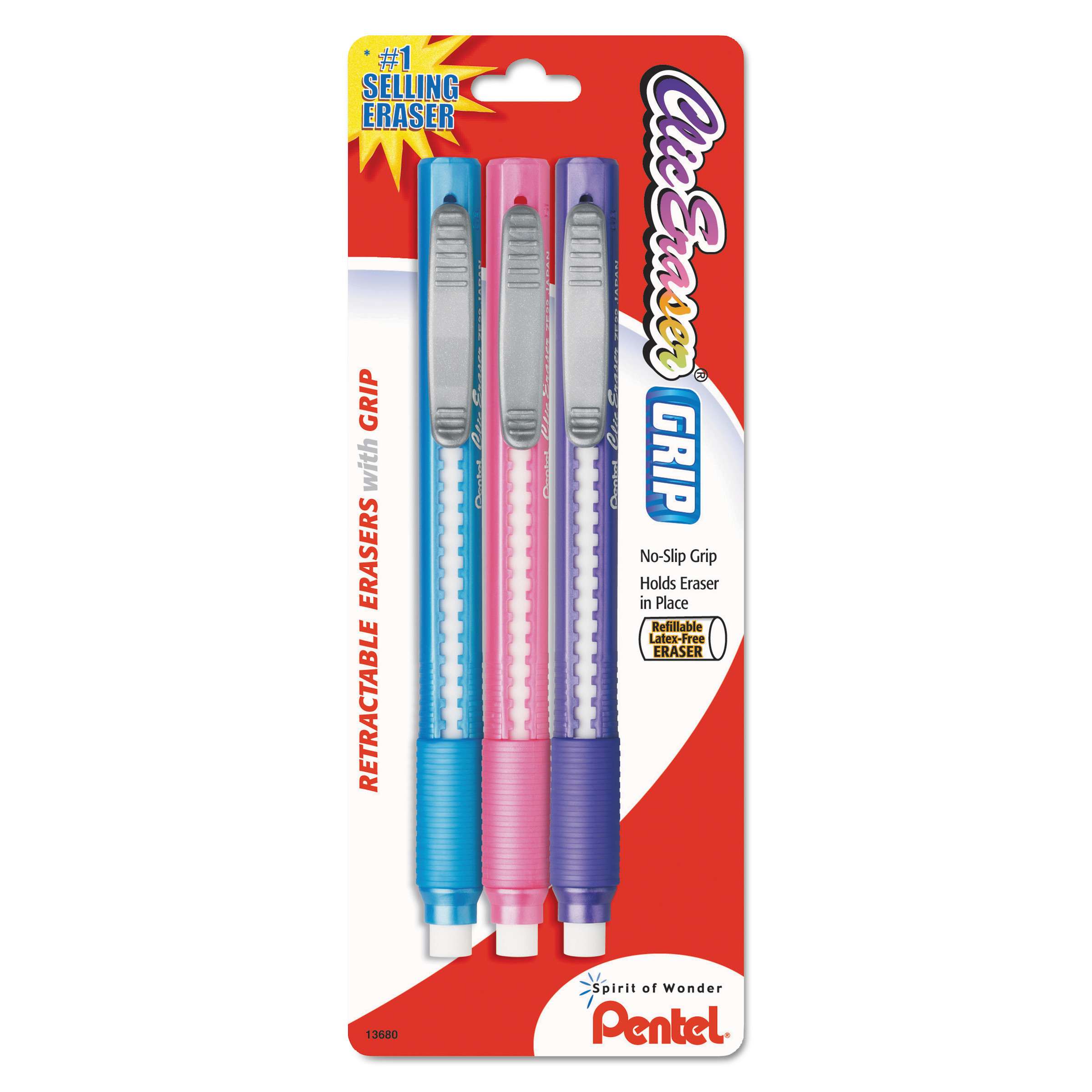  Pentel ZE21TBP3M Clic Eraser Grip Eraser, White Polyvinyl Chloride Eraser, Randomly Assorted Barrel Colors, 3/Pack (PENZE21TBP3M) 