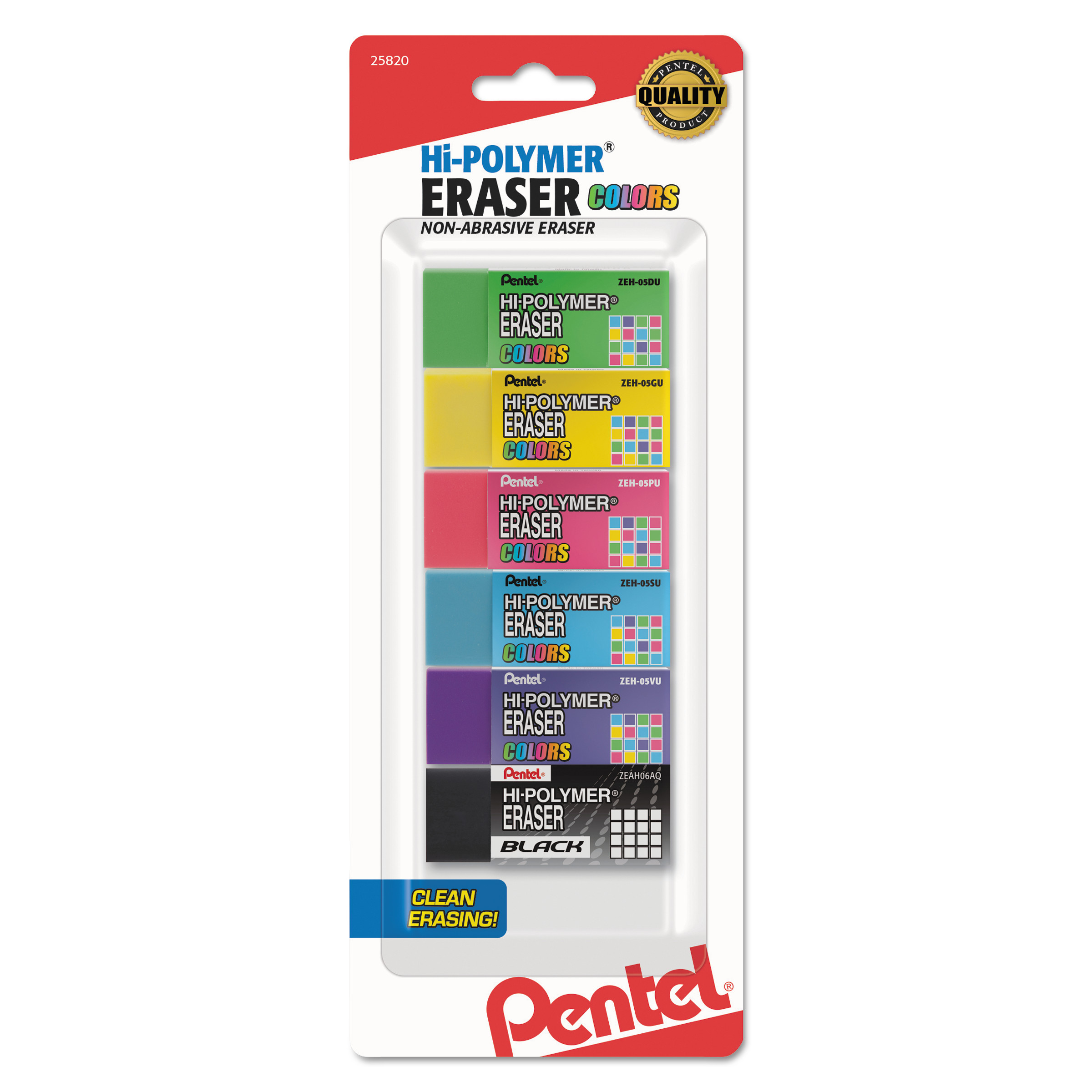  Pentel ZEH05CRBP6M Hi-Polymer Eraser, Rectangular, Medium, Assorted, Latex-Free Hi-Polymer, 6/Pack (PENZEH05CRBP6M) 