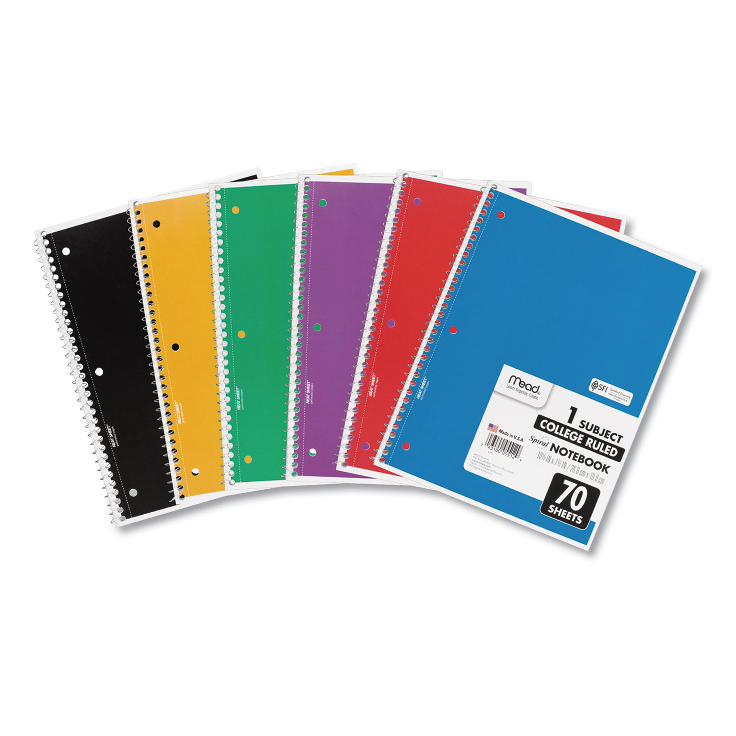 Spiral Notebook, 1 Subject, Medium/College Rule, Assorted Color Covers, 10.5 x 8, 70 Pages, 6/Pack