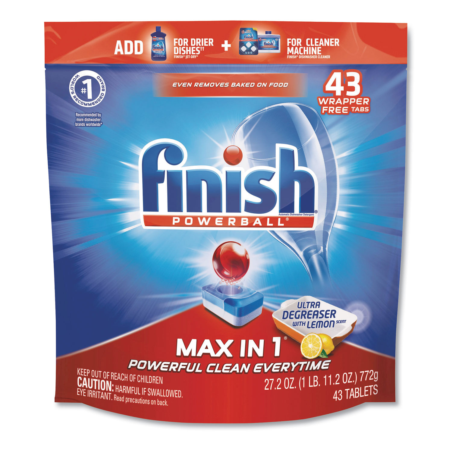  FINISH 51700-95986 Powerball SuperCharged Ultra Degreaser Dishwasher Tabs, Lemon, Individually Wrapped, 43/Pack, 4 Packs/Carton (RAC95986) 