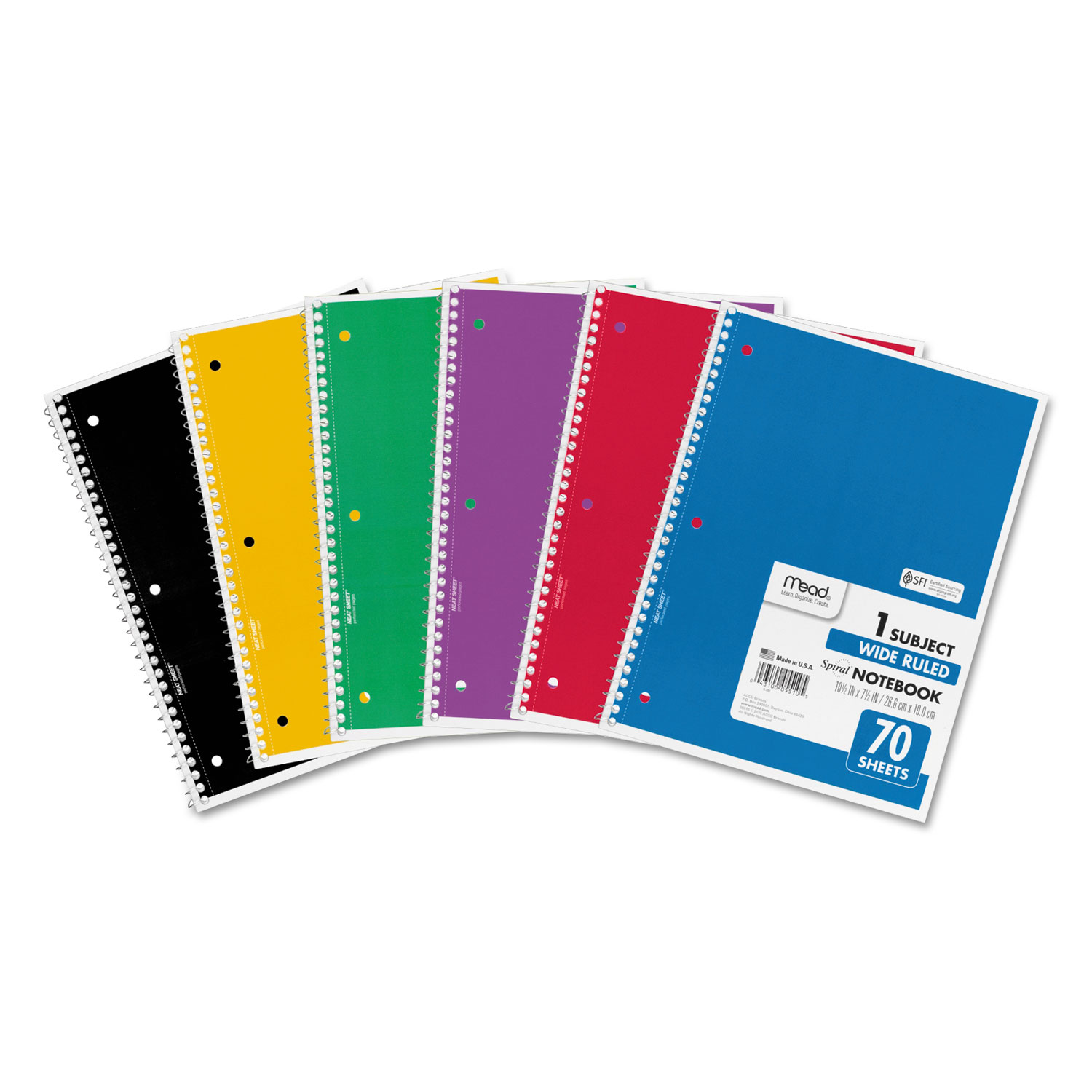 Spiral Notebook, 1 Subject, Wide/Legal Rule, Assorted Color Covers, 10.5 x 8, 70 Sheets, 6/Pack