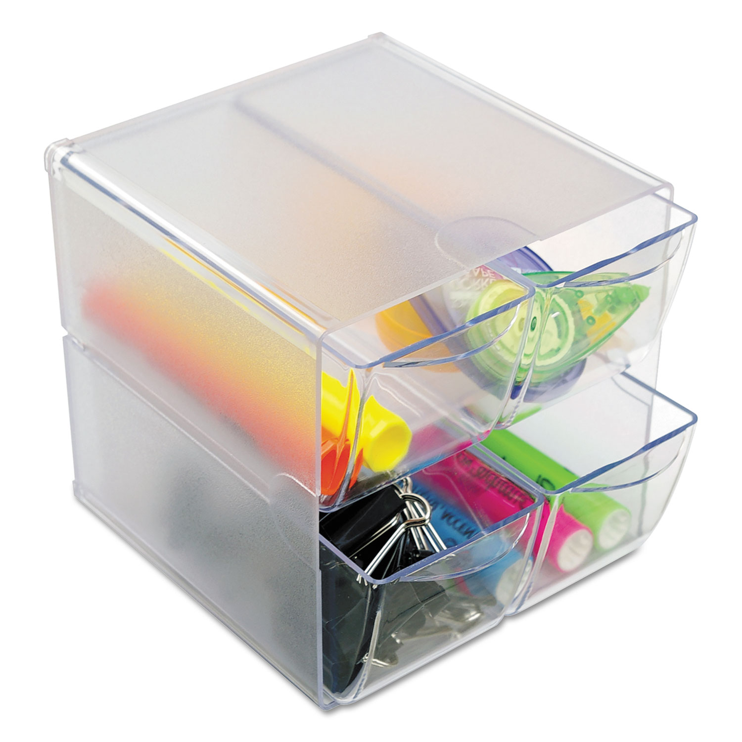 Deflect-O Cube 4-Compartment Stackable Plastic Storage Drawers, Clear  (350301)
