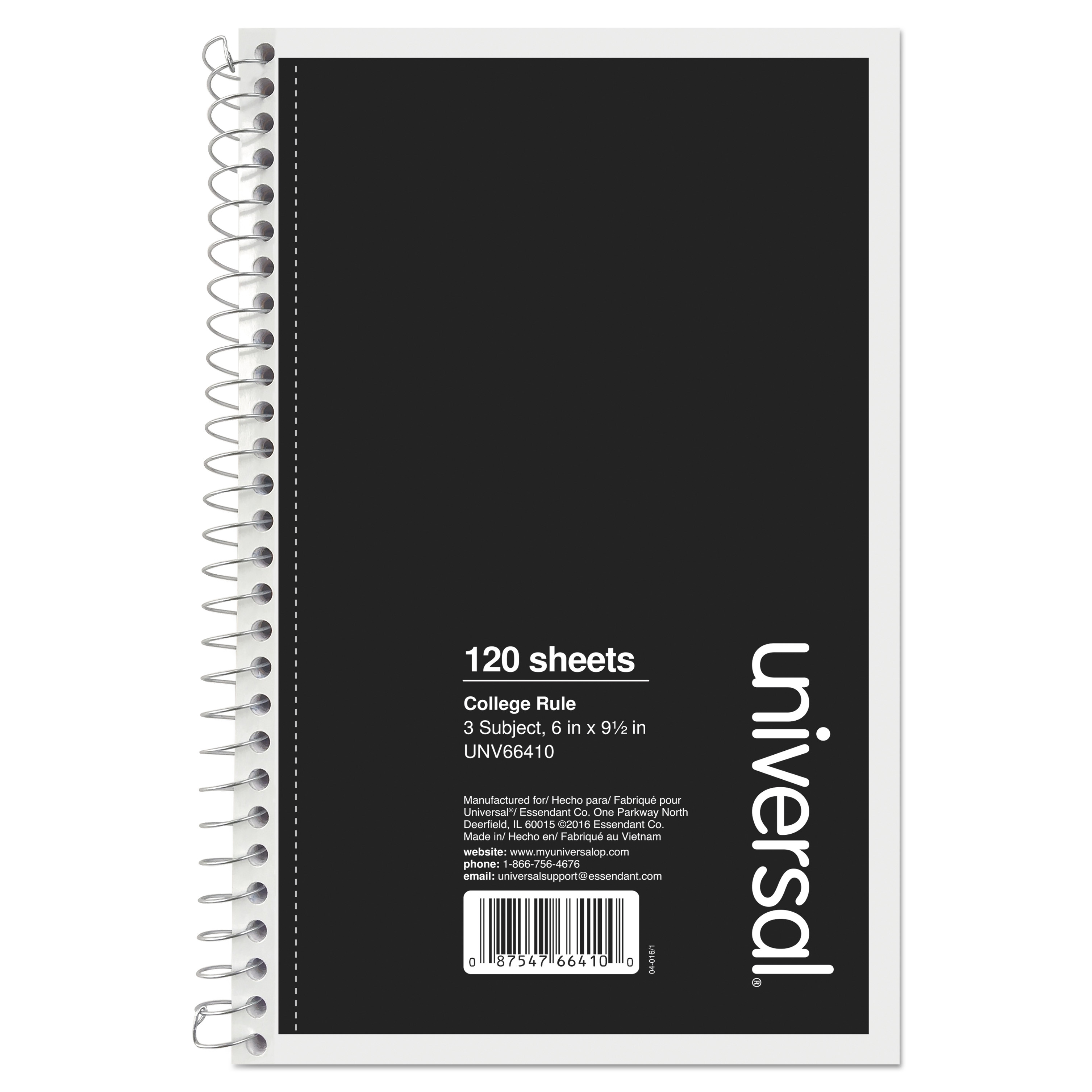  Universal UNV66410 Wirebound Notebook, 3 Subjects, Medium/College Rule, Black Cover, 9.5 x 6, 120 Sheets (UNV66410) 