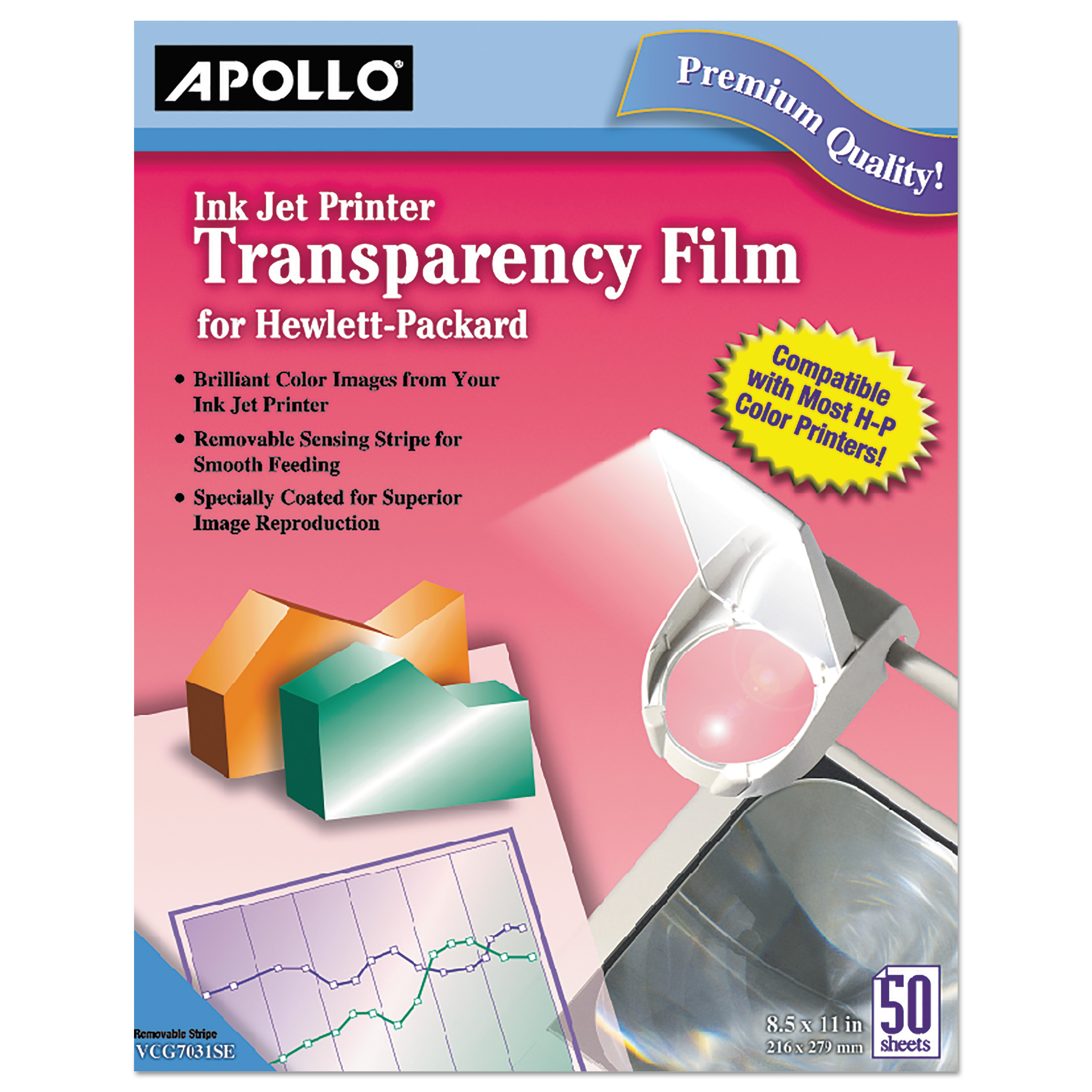  Apollo VCG7031SE-A Quick-Dry Color Inkjet Transparency Film w/Handling Strip, Letter, Clear, 50/Box (APOCG7031S) 
