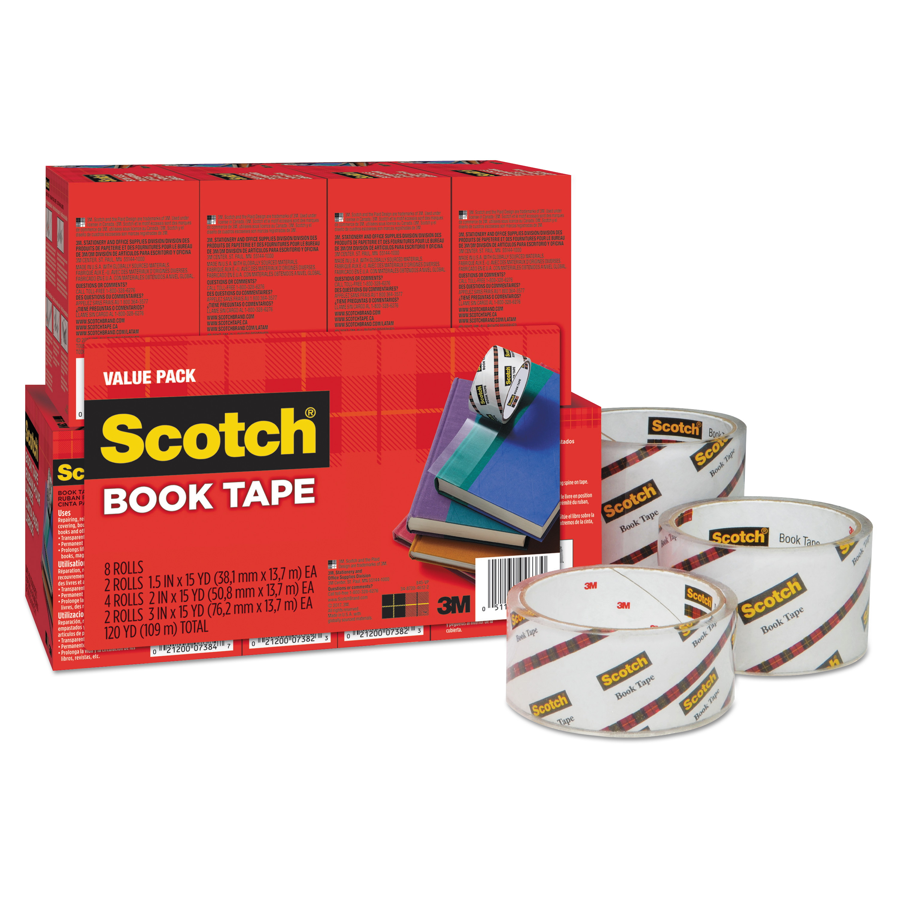  Scotch 845-VP Book Tape Value Pack, 3 Core, (2) 1.5 x 15 yds, (4) 2 x 15 yds, (2) 3 x 15 yds, Clear, 8/Pack (MMM845VP) 