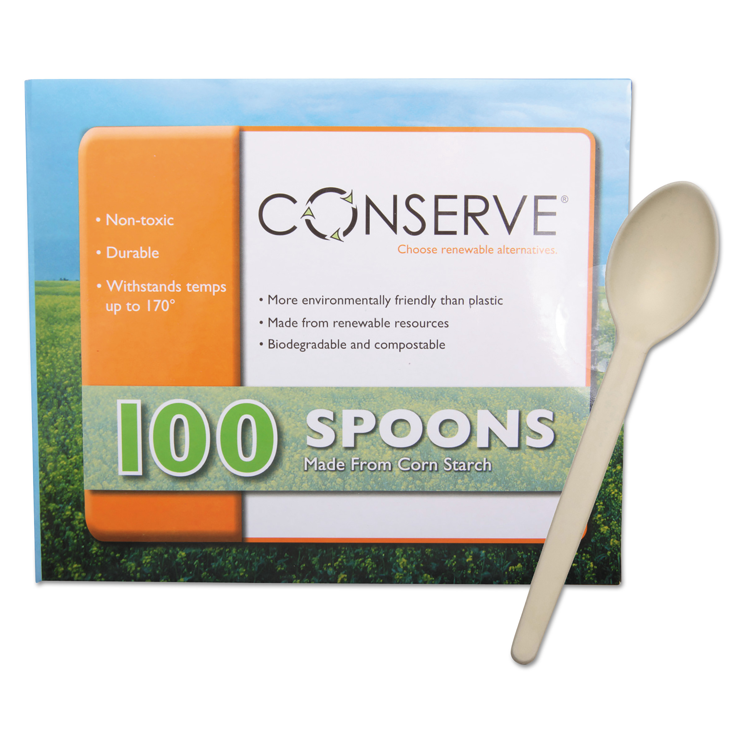  CONSERVE 10232 Corn Starch Cutlery, Spoon, White, 100/Pack (BAU10232) 
