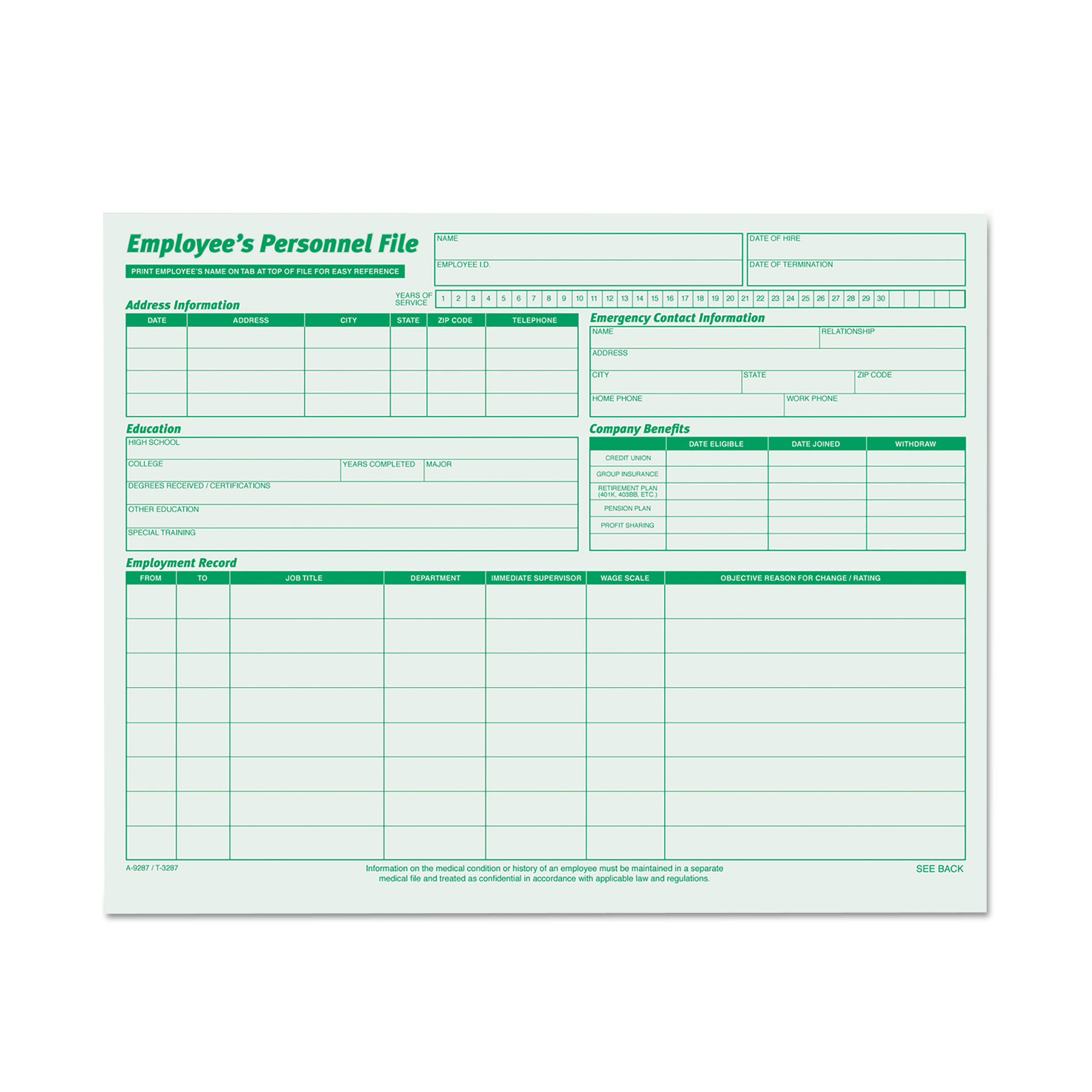  TOPS 3287 Employee's Record File Folders, Straight Tab, Letter Size, Green, 20/Pack (TOP3287) 