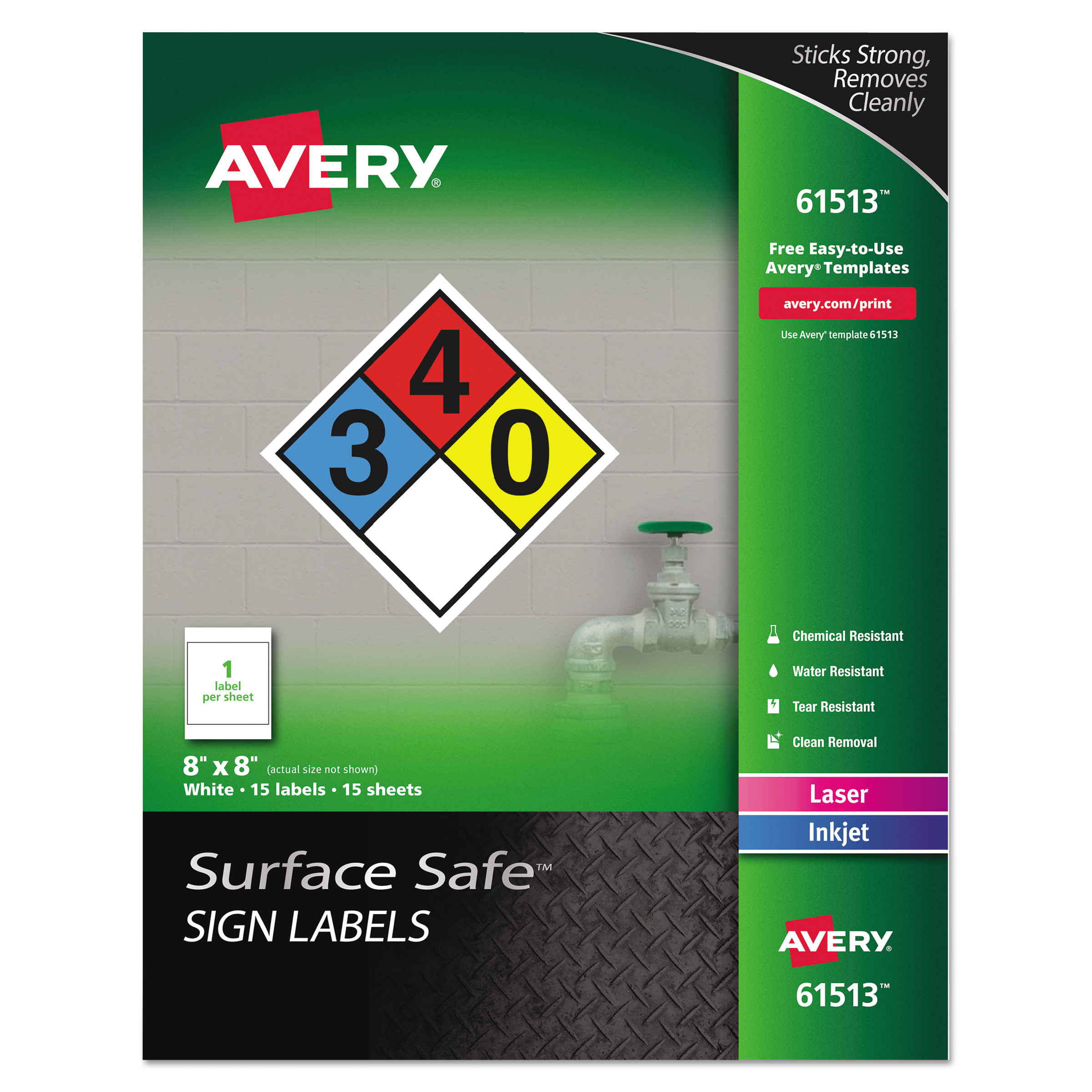  Avery 61513 Surface Safe Sign Labels, Inkjet/Laser Printers, 8 x 8, White, 15/Pack (AVE61513) 