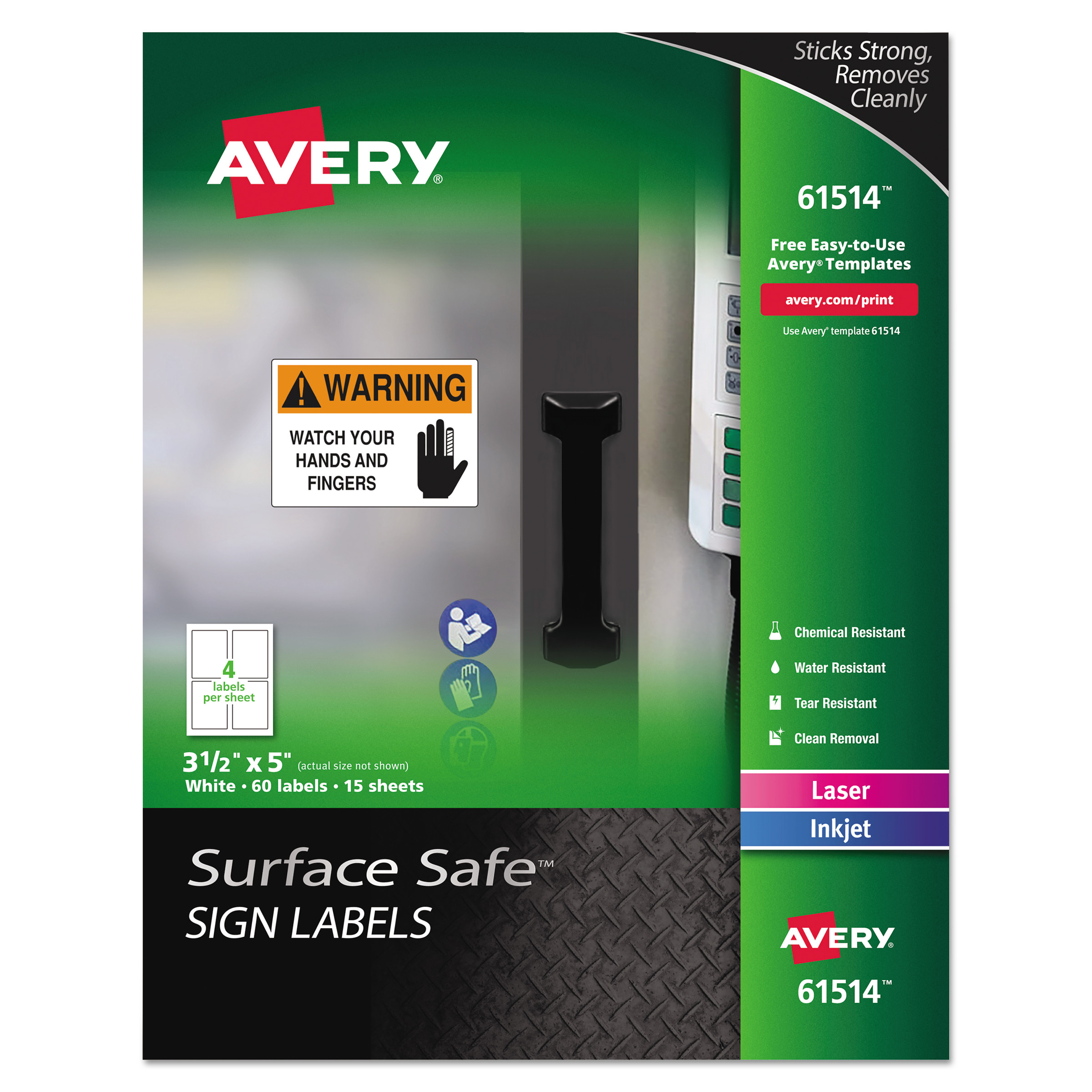 Avery 61514 Surface Safe Sign Labels, Inkjet/Laser Printers, 3.5 x 5, White, 4/Sheet, 15 Sheets/Pack (AVE61514) 